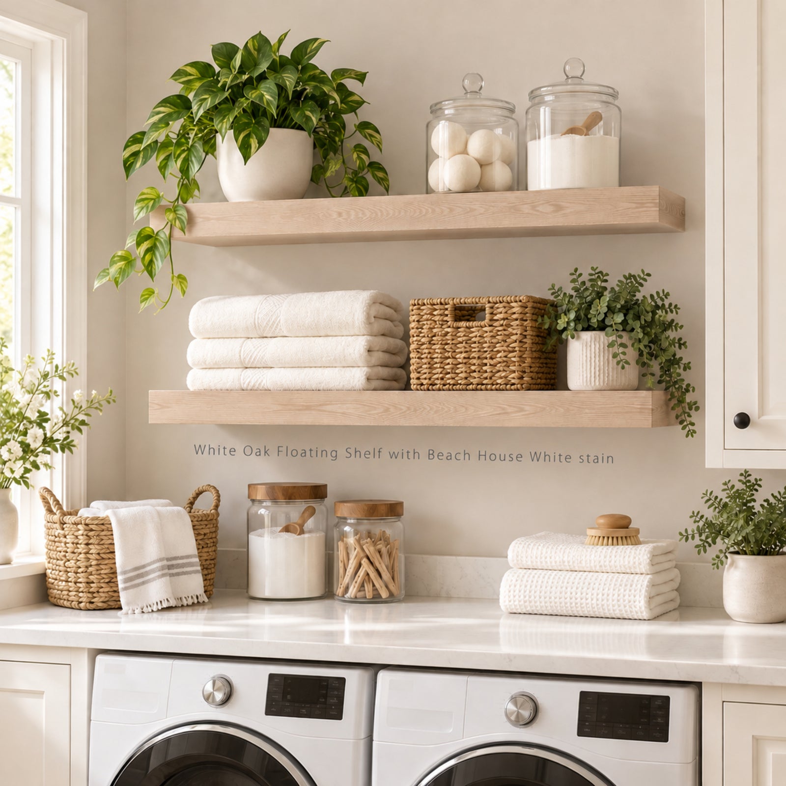 Two white oak floating shelves mounted on a beige wall in a bright laundry room. The shelves have a Beach House White stain and are styled with potted green plants, clear glass jars, folded white towels, and woven baskets