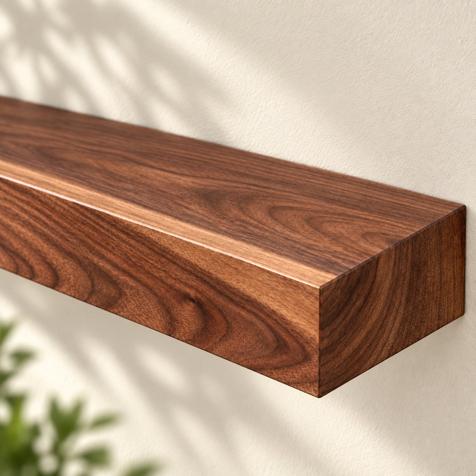 A floating wooden shelf with a rich brown walnut grain finish, mounted on a textured off-white wall with soft shadow overlays.