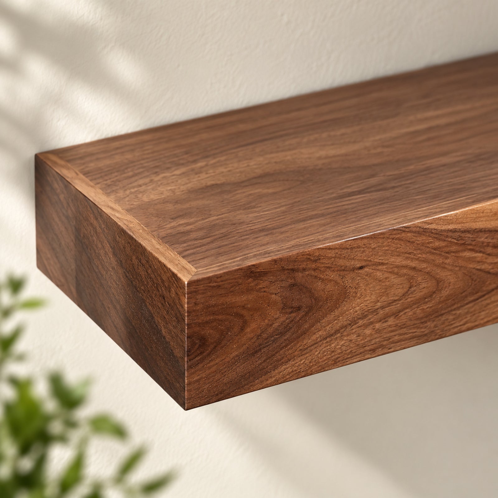A close-up of a floating wooden shelf with a rich walnut wood grain finish, mounted on a textured off-white wall with soft shadows and a hint of green foliage in the foreground.