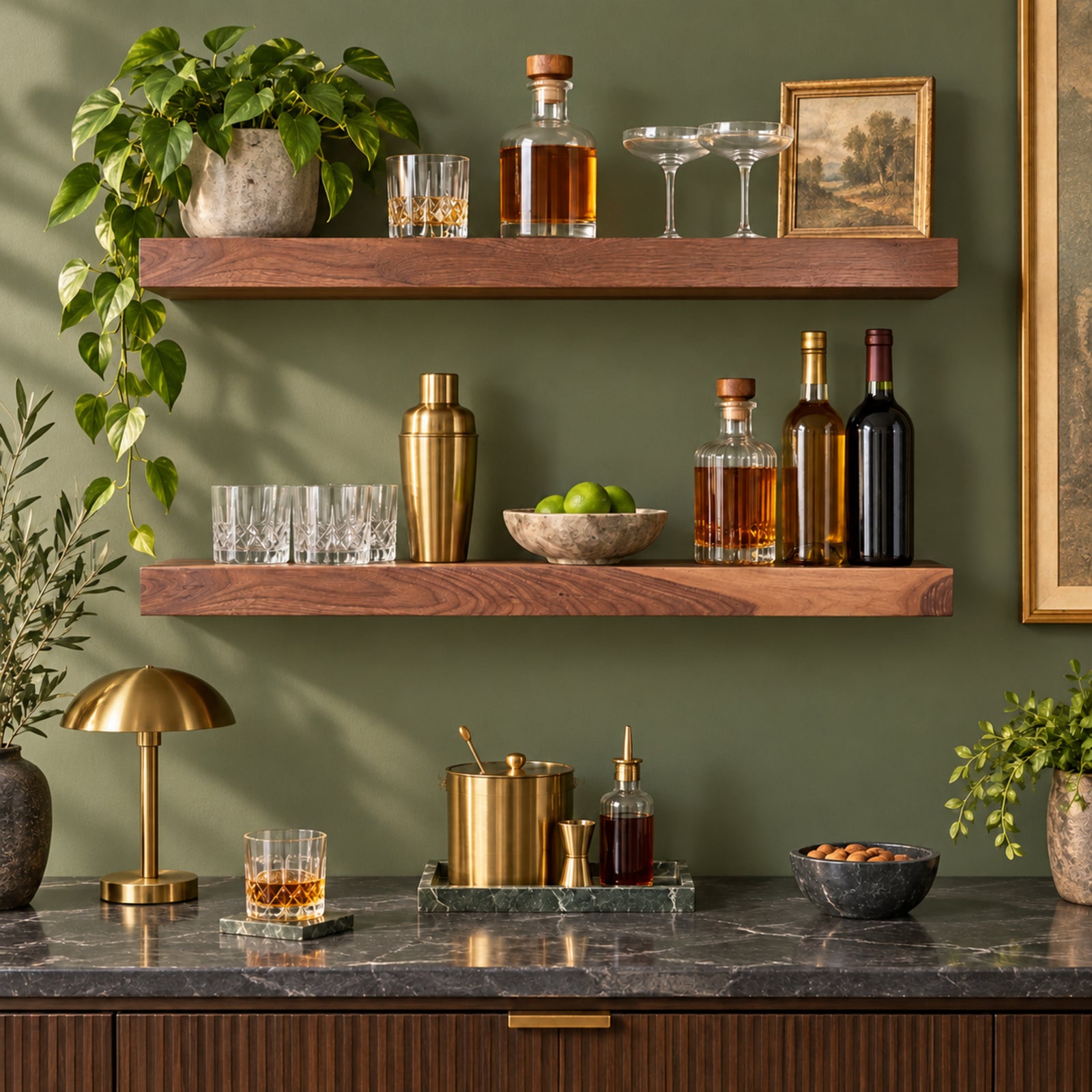 Two walnut floating shelves mounted on a olive green wall above a dark marble bar counter, styled with whiskey bottles, cocktail glasses, a brass shaker, a green plant, and a brass table lamp.