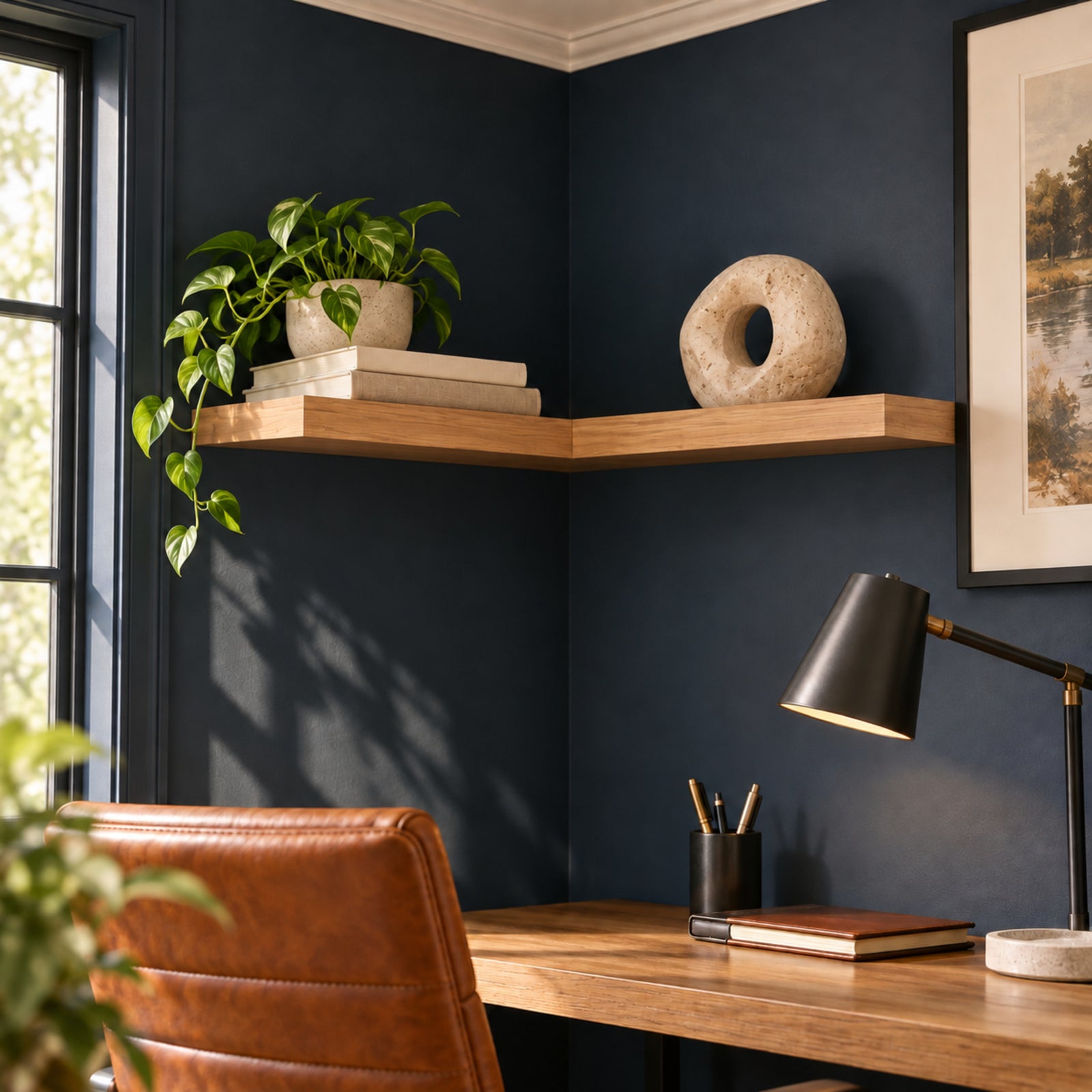 A styled home office corner with dark navy blue walls, wooden floating corner shelves, a brown leather chair, a wooden desk, and a black adjustable desk lamp. Decorative items including a potted green plant, books, and a stone donut sculpture sit on the shelves.