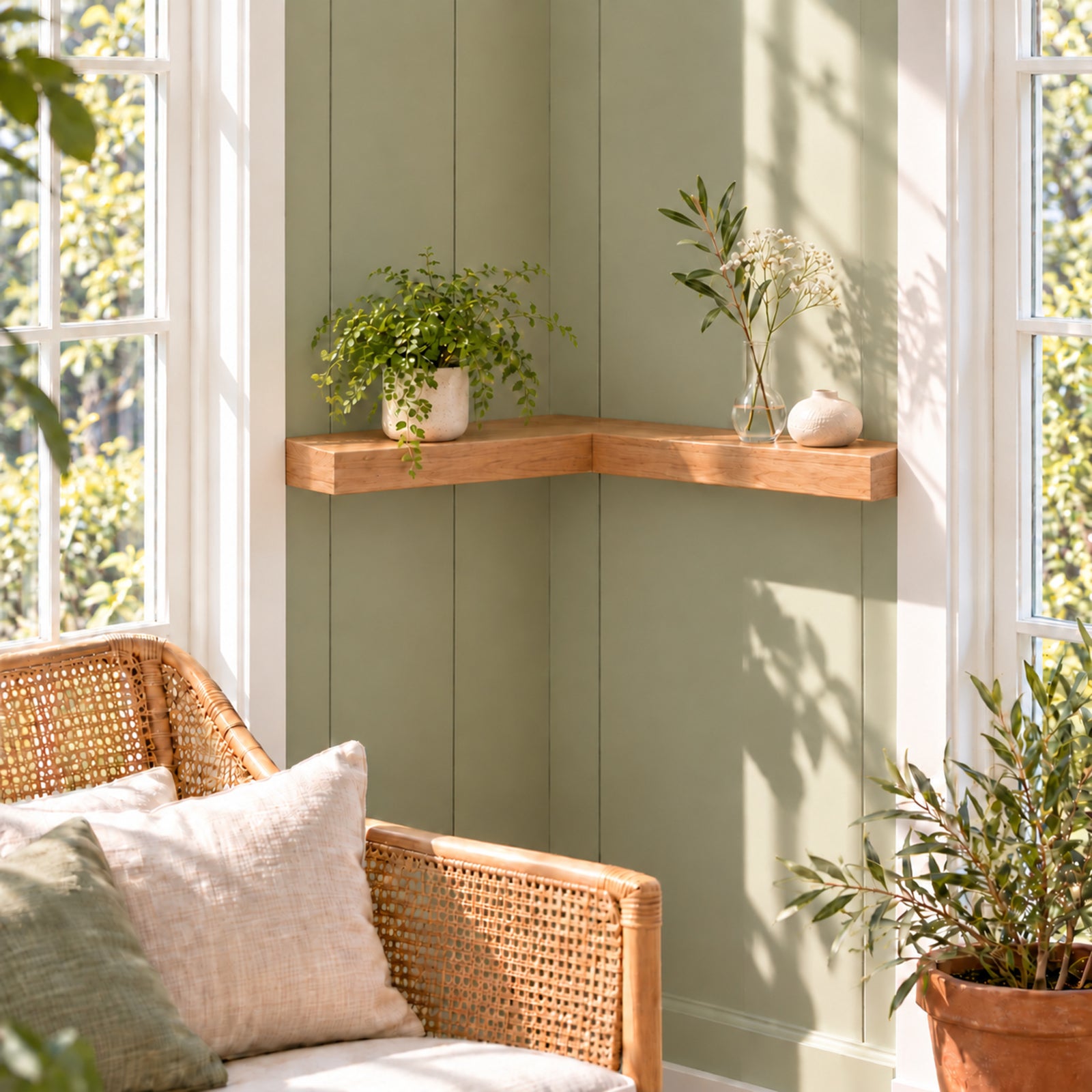 A light natural wood L-shaped corner shelf mounted on a sage green paneled wall, styled with a small potted green plant and a glass vase with white flowers. In the foreground, a wicker armchair with beige and green pillows is partially visible next to a window with soft sunlight and shadows.