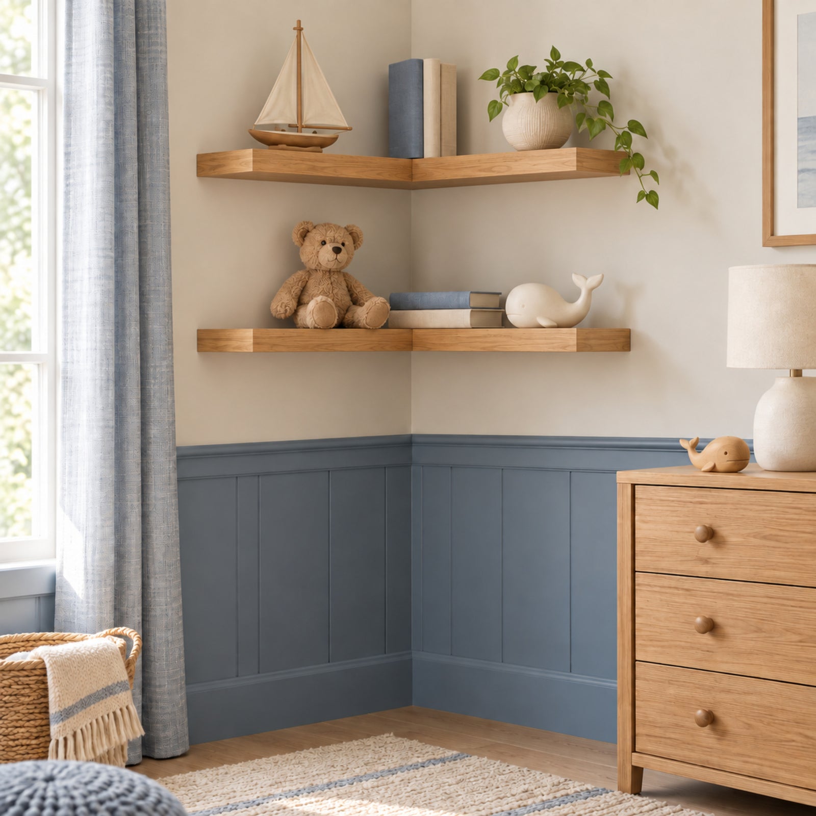 A styled children's nursery corner with two light oak floating corner shelves mounted on a cream and blue wainscoted wall. The shelves are decorated with a small sailboat model, books, a potted trailing plant, a teddy bear, and a white whale figurine.