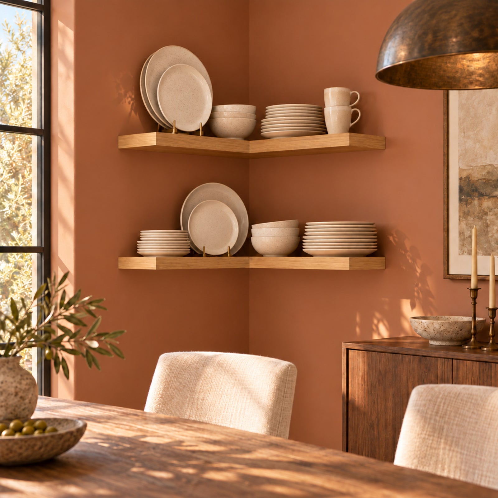 A styled dining room corner with terracotta walls, open wooden floating corner shelves holding white ceramic plates and bowls, a wooden dining table, chairs, a sideboard, and warm natural light from a window.