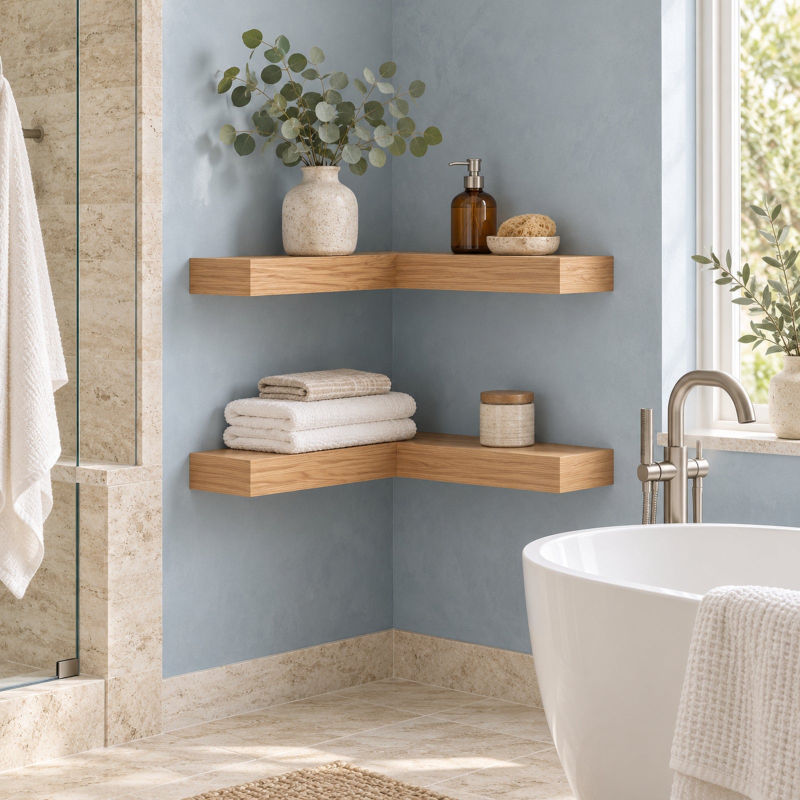 Two light oak wood corner floating shelves mounted on a blue-gray bathroom wall, styled with a ceramic vase of eucalyptus, a brown pump bottle, a soap dish, and folded white towels, next to a white freestanding bathtub.