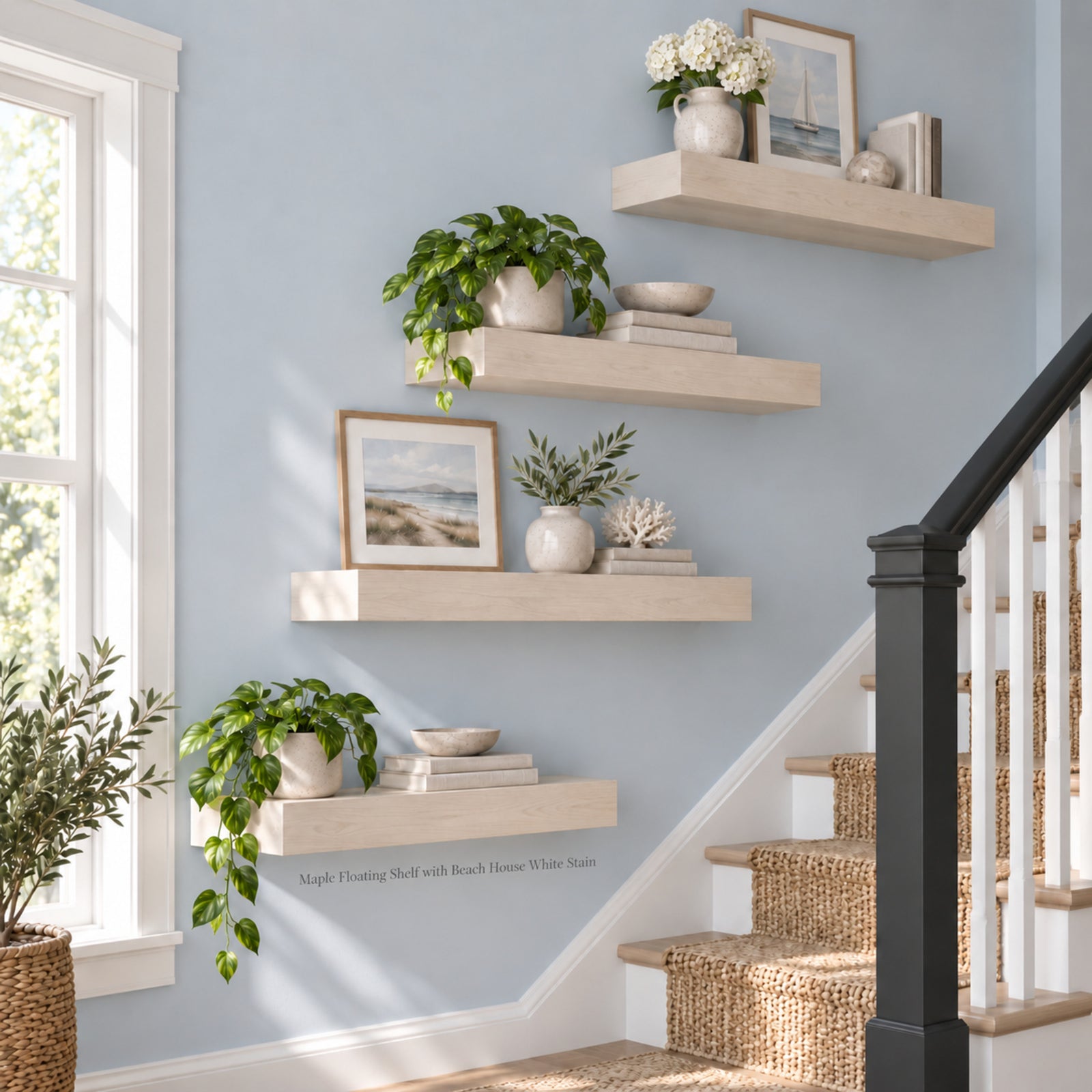 Four light natural wood floating shelves mounted on a pale blue wall in a staircase hallway, styled with potted green plants, books, vases, and framed artwork.