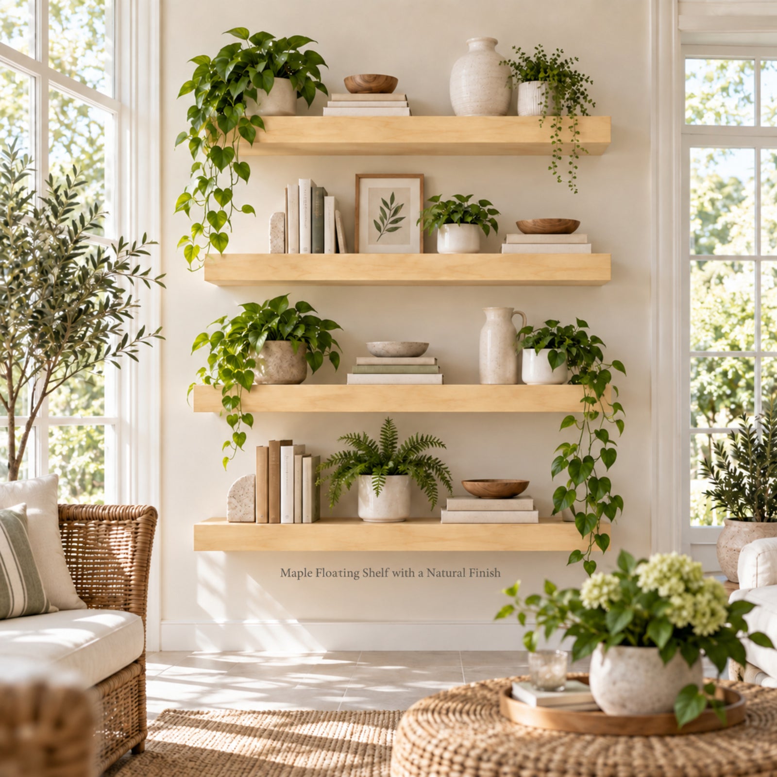 Four light natural wood floating shelves mounted on a cream wall in a bright, sunroom. The shelves are styled with books, ceramic vases, bowls, and multiple green potted plants.
