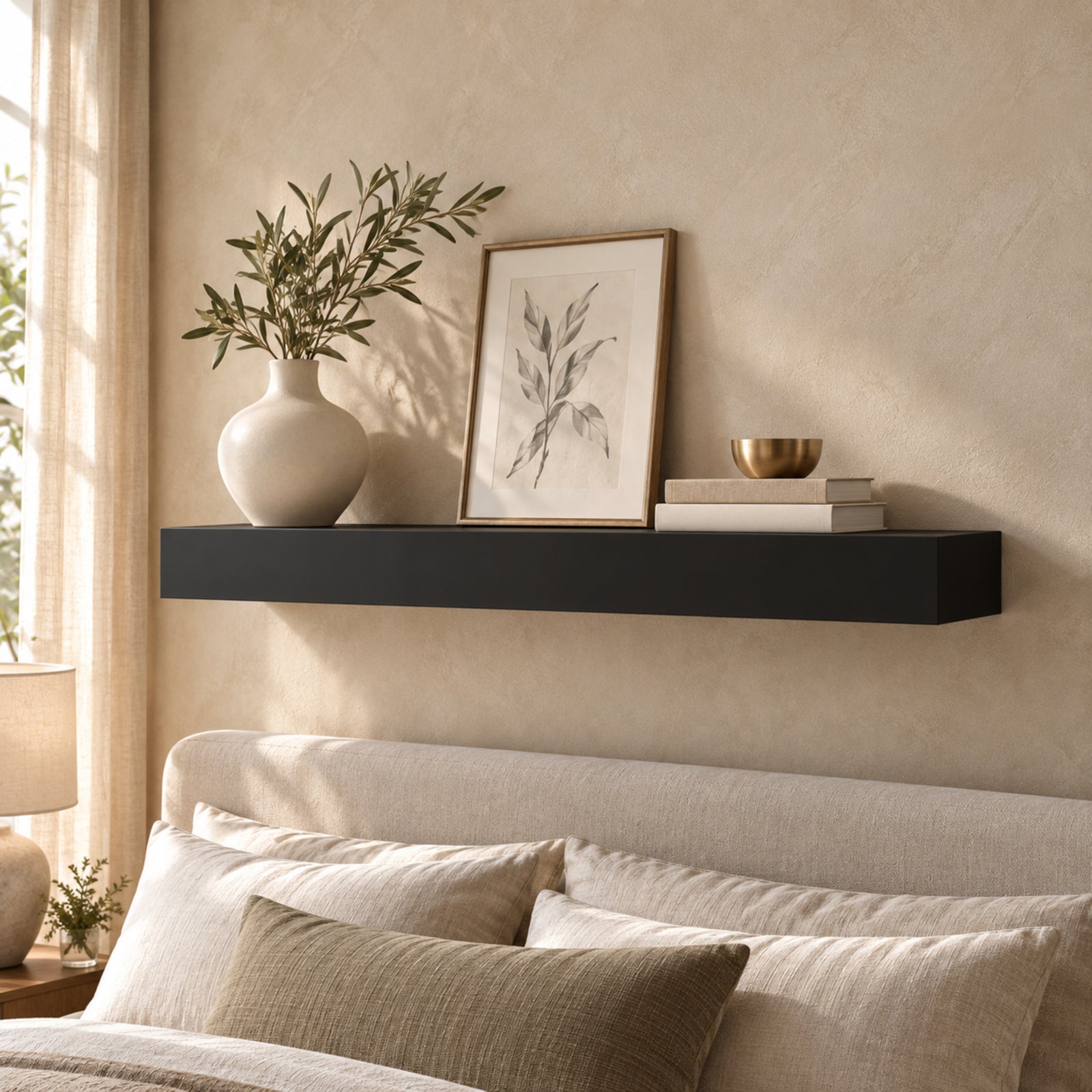 A cozy primary bedroom scene featuring a single thick black floating shelf mounted above a upholstered headboard with neutral linen bedding. The shelf is styled with a white ceramic pitcher holding olive branches, a framed leaf print, a small brass bowl, and stacked books against a beige textured wall.
