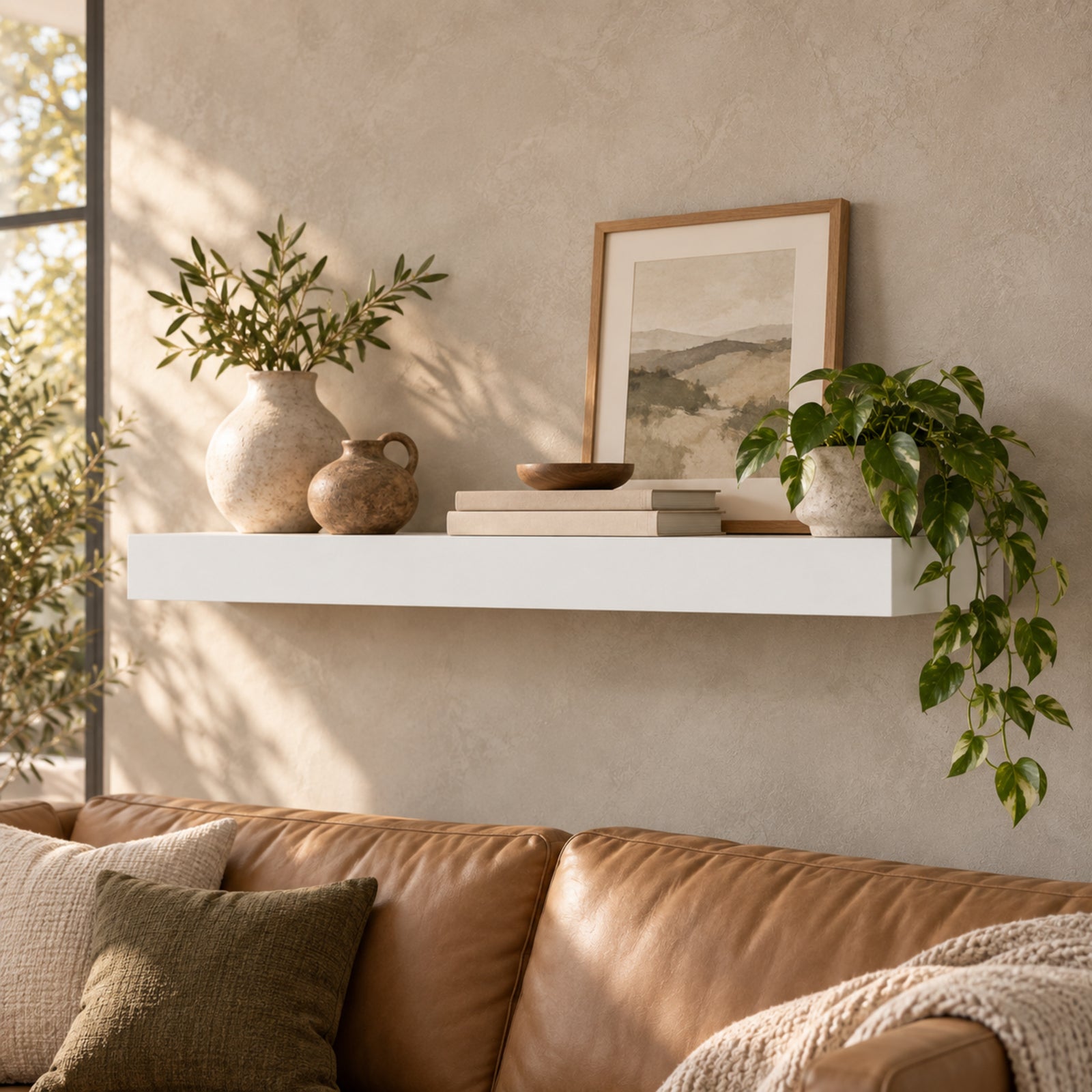 3-inch painted white floating shelf styled with organic modern living room decor, ceramic vases, and plants mounted above a sofa.