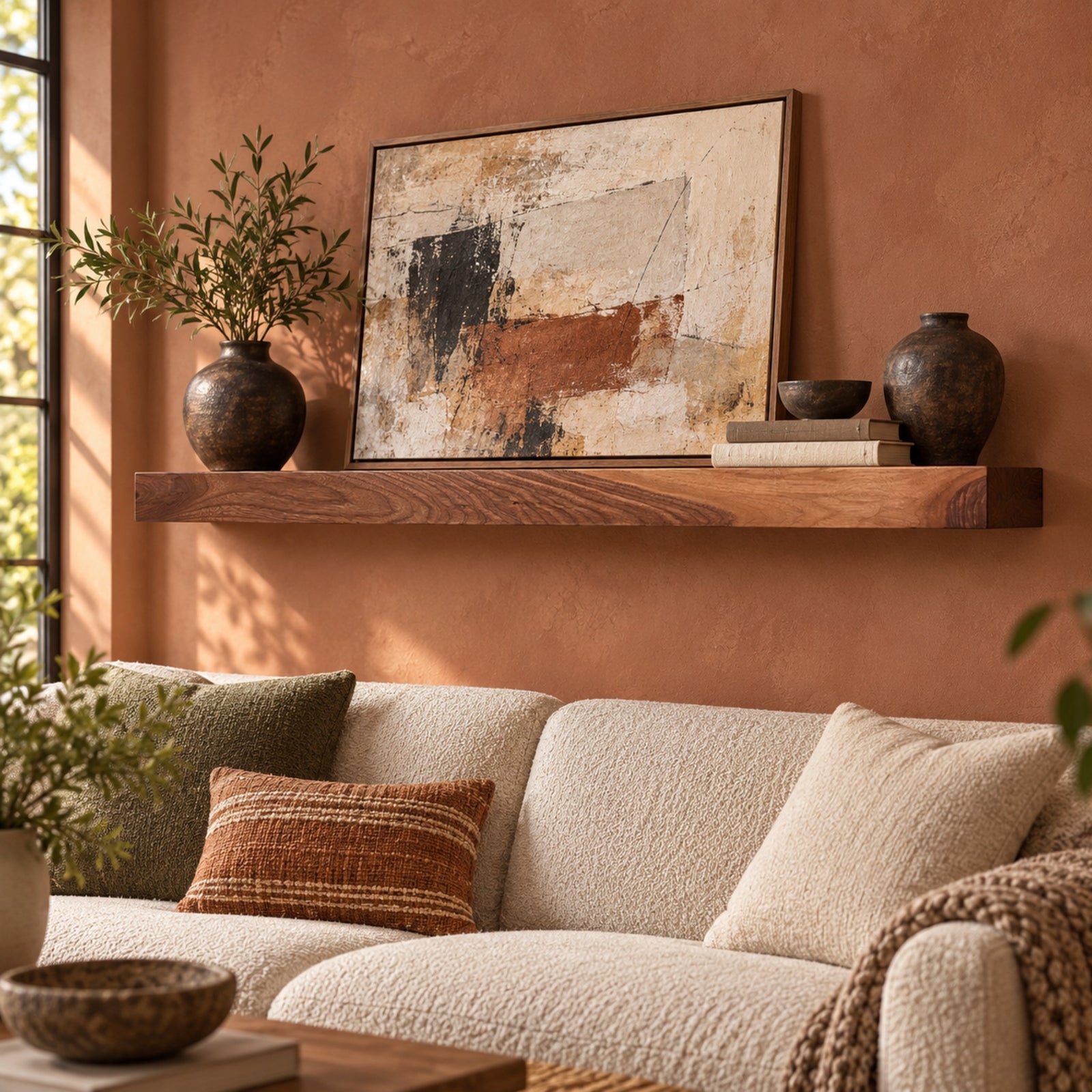 A styled living room scene with a cream boucle sofa, decorative pillows, a large floating wooden shelf, ceramic vases, and a large framed abstract painting on a terracotta-colored wall.