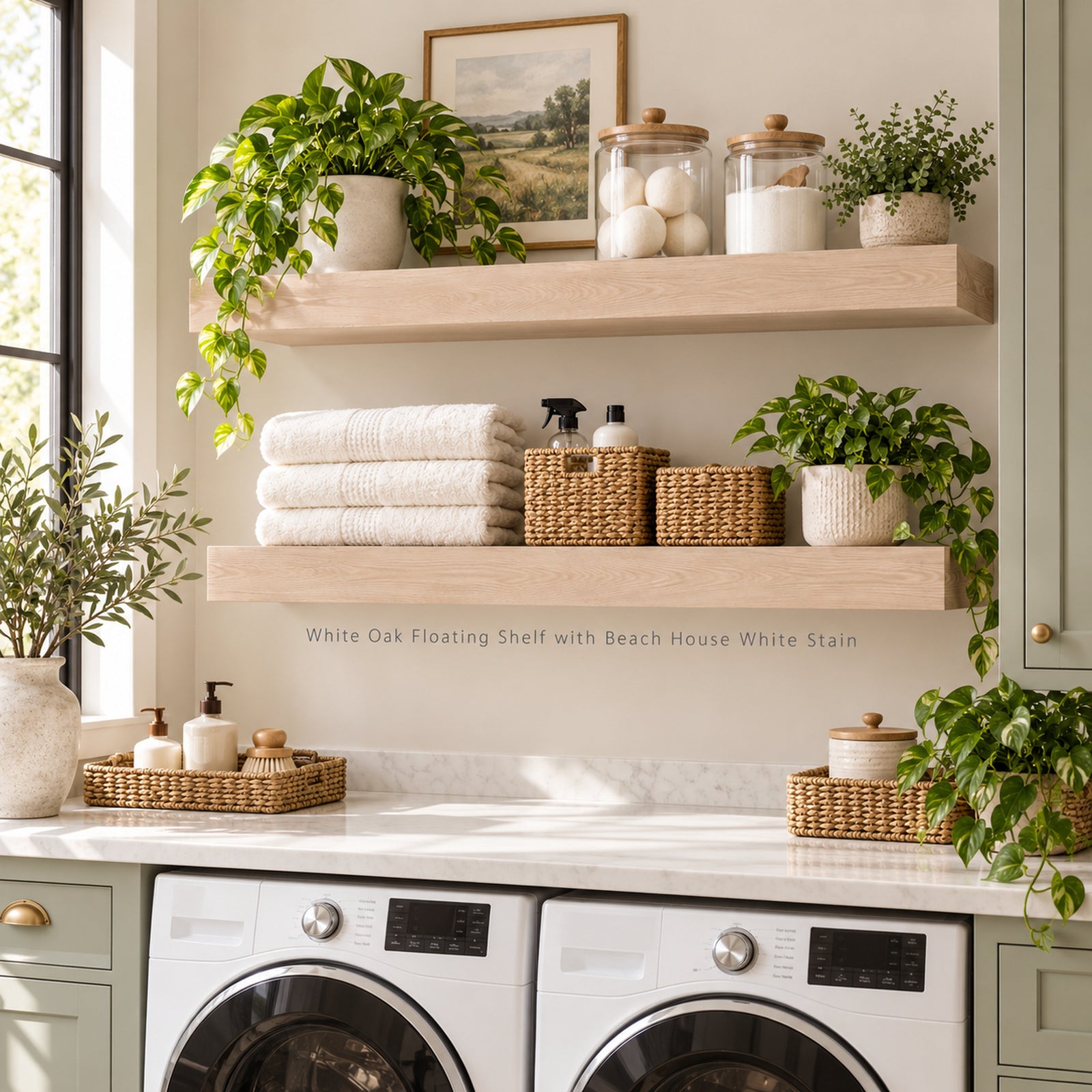 Two light oak floating shelves mounted on a cream wall above a white countertop with a washing machine. The shelves are styled with white towels, wicker baskets, small potted plants, and decorative jars, with a framed landscape print above.