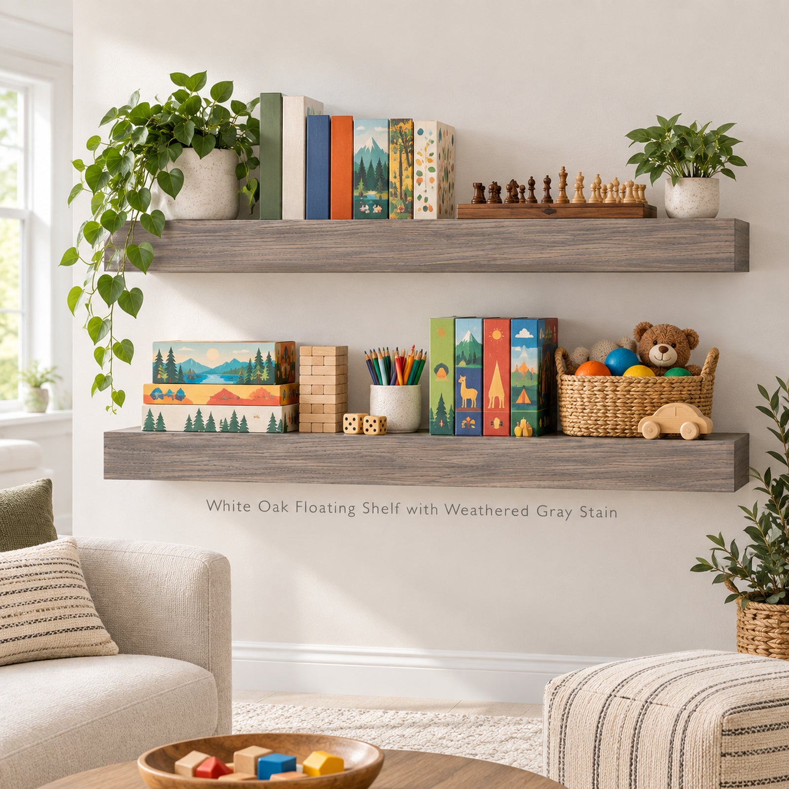 Two white oak floating shelves with a weathered gray stain styled in a cozy child's room. The shelves are decorated with books, potted plants, a wooden chess set, and a wicker basket containing toys.