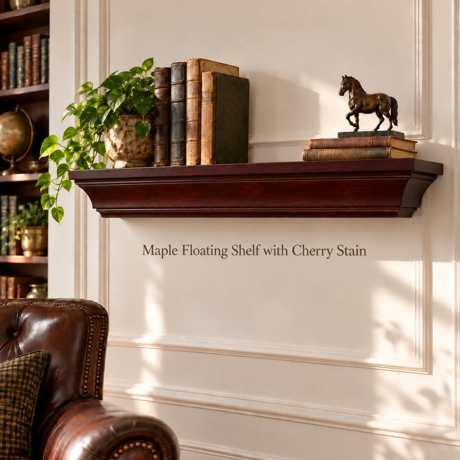 A floating shelf with crown molding and a dark cherry wood finish is mounted on a white paneled wall in a styled room. The shelf is styled with vintage books, a potted green plant, and a small bronze horse statue.