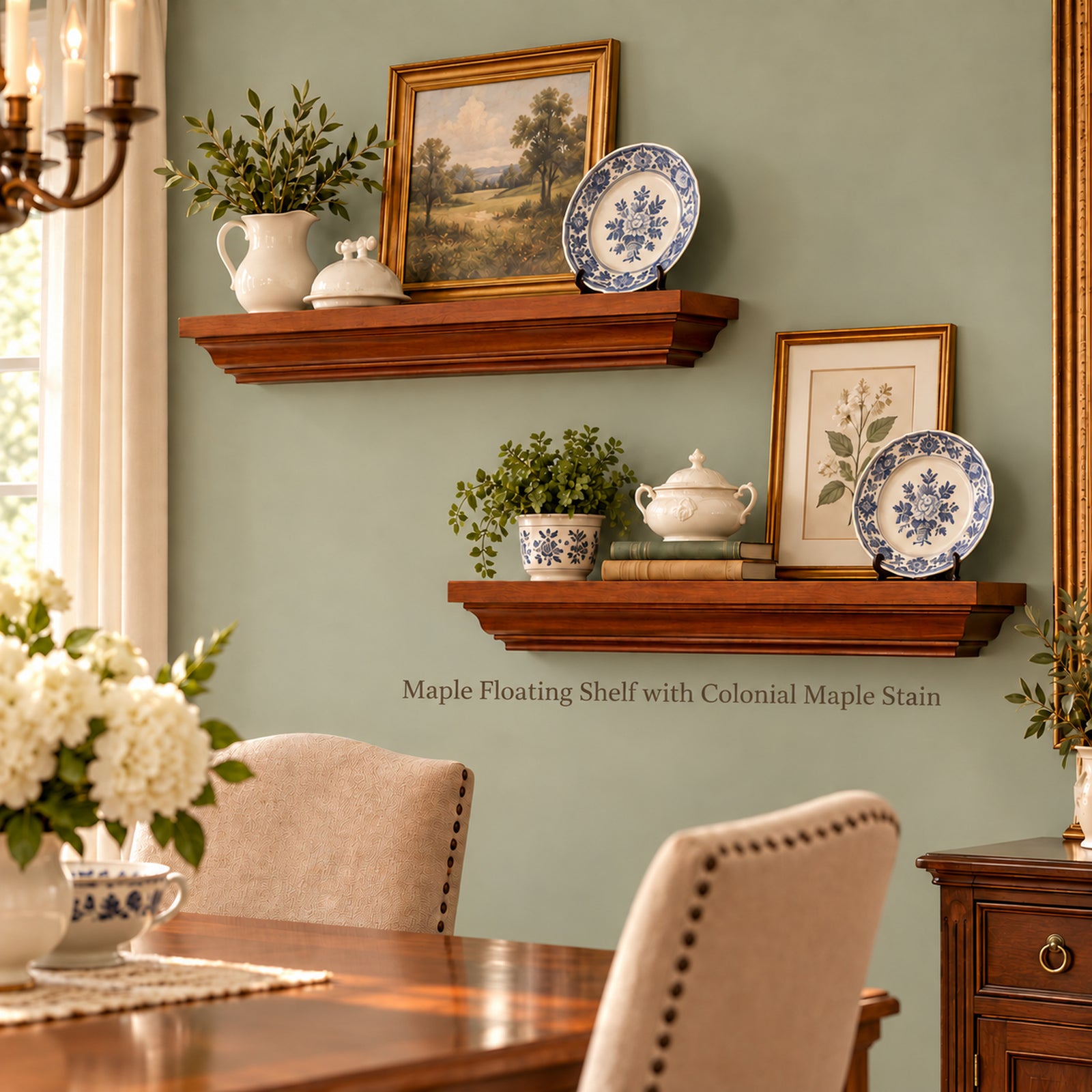 Colonial maple floating crown mantel shelves styled in a dining room setting, holding framed art, ceramic pitchers, and blue-and-white plates against a sage green wall.