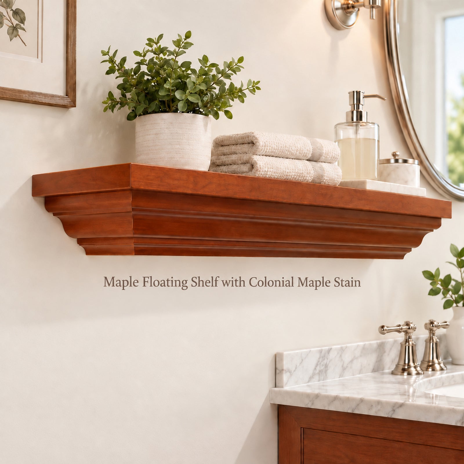 A floating crown molding shelf in a warm medium-brown maple finish, styled with a potted green plant, folded beige towels, and a soap dispenser in a bathroom setting. Text below reads 'Maple Floating Shelf with Colonial Maple Stain'.