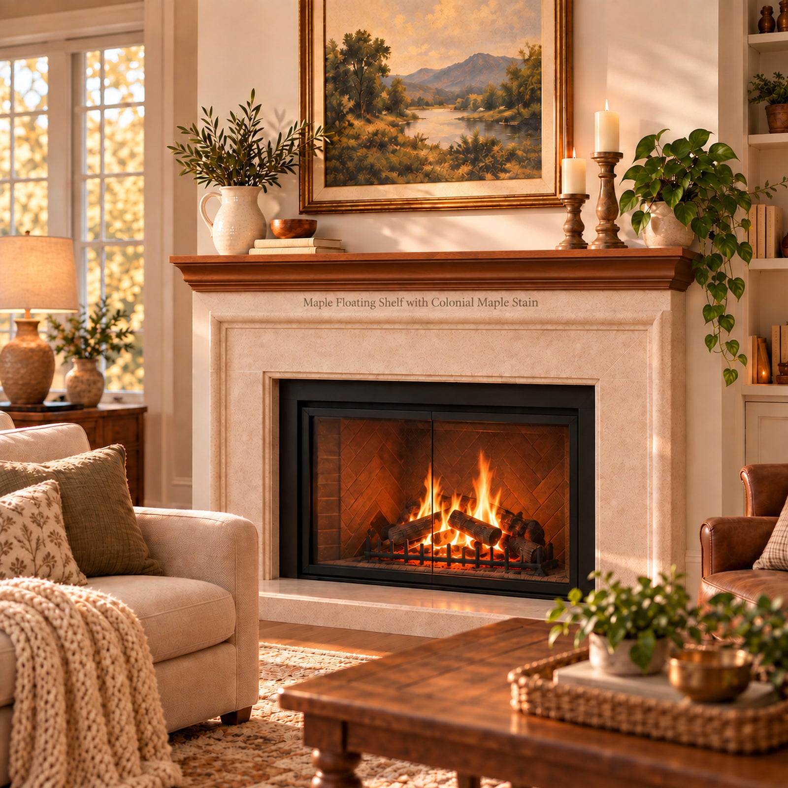 A rich solid wood fireplace mantel in a warm, styled living room. The fireplace has a cream-colored stone surrounding a dark metal firebox containing a glowing fire.