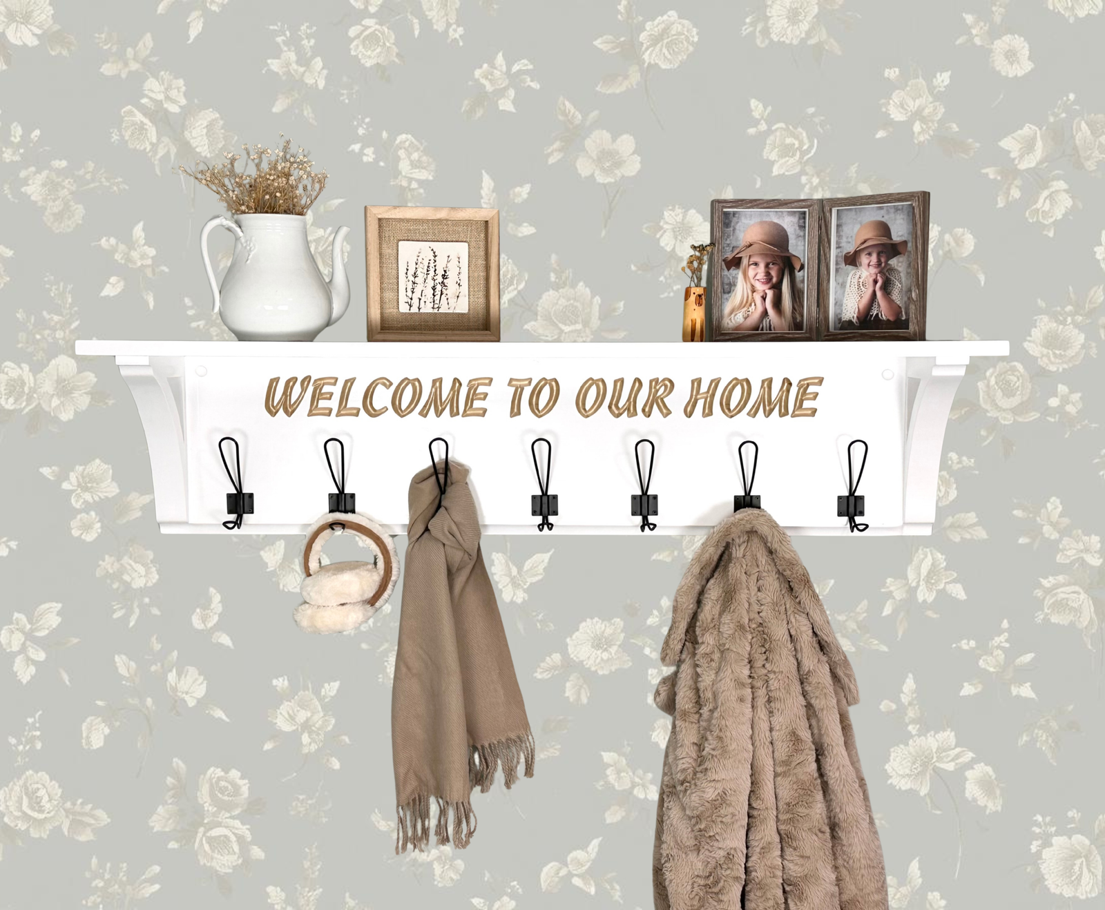 Personalized Entryway Shelf with Black Hooks | Mudroom Coat Rack