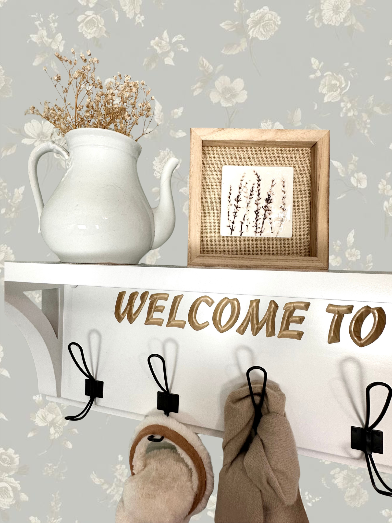 Personalized Entryway Shelf with Black Hooks | Mudroom Coat Rack