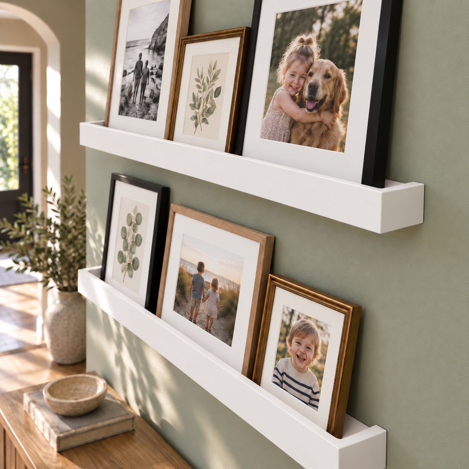 Three white floating ledge-shelves mounted on a sage green wall, styled with various picture frames containing family and nature photographs. A wooden console table and a potted plant are visible in the softly lit room.