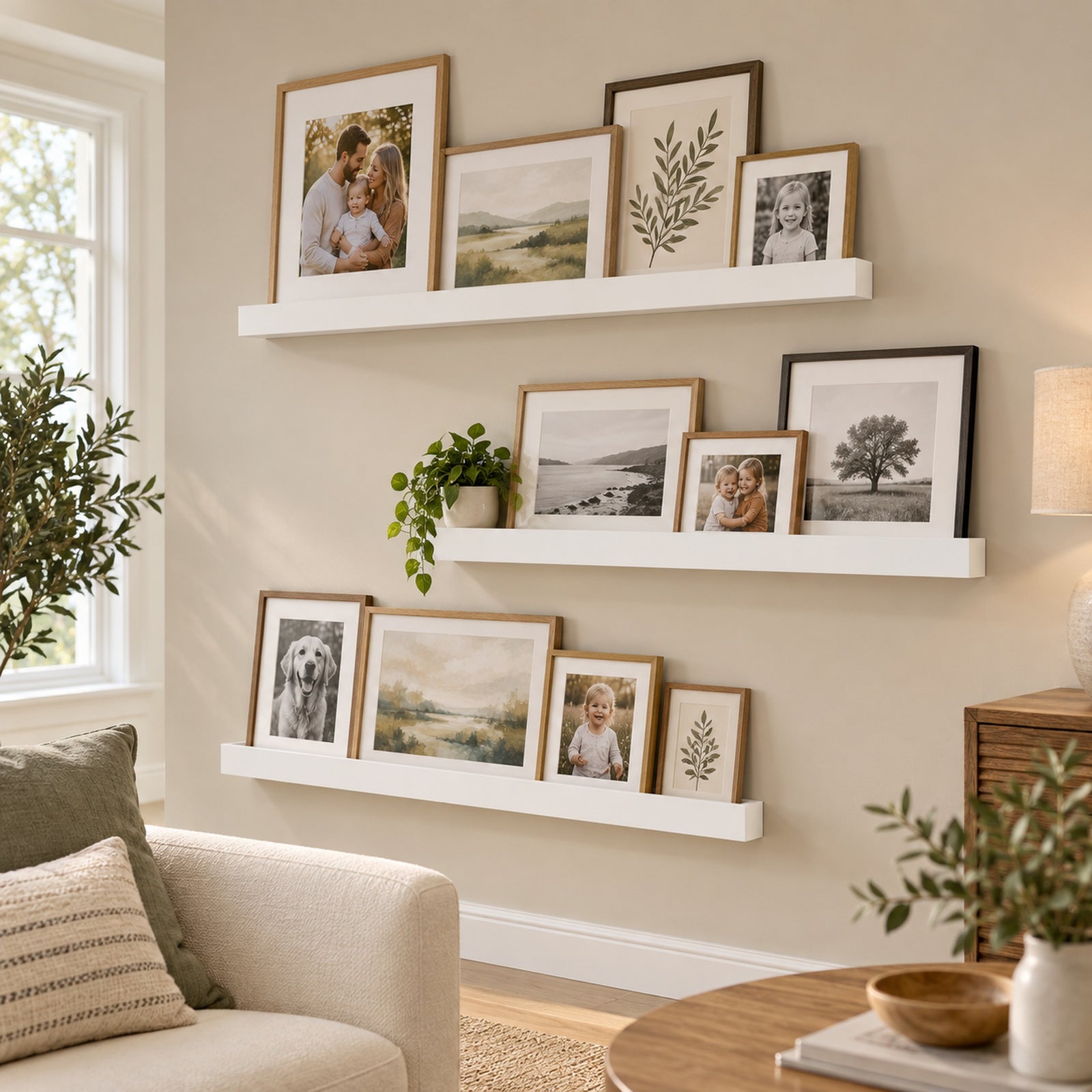 White floating ledge shelves styled in a cozy living room with various framed family photographs and botanical prints.