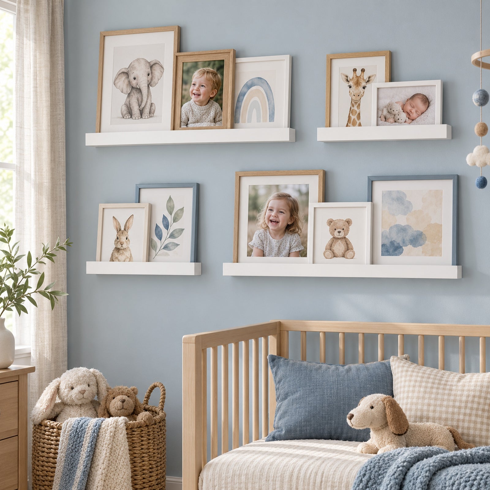 A styled nursery wall with six white floating ledge shelves displaying framed nursery art, including watercolor illustrations of an elephant, a rainbow, a giraffe, a rabbit, a teddy bear, and a baby photo, alongside two custom family photos. Below the shelves is a light wood crib with blue and beige pillows and a blue blanket, and a wicker basket filled with stuffed animals sits on the left against a soft blue wall.
