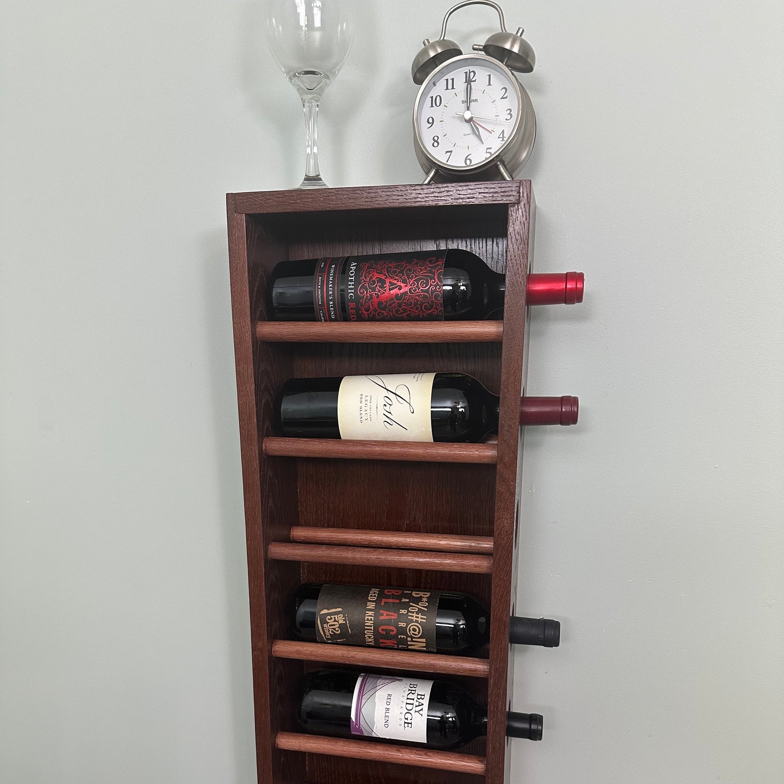 Stained Oak Floating Wine Bottle Rack with Rods