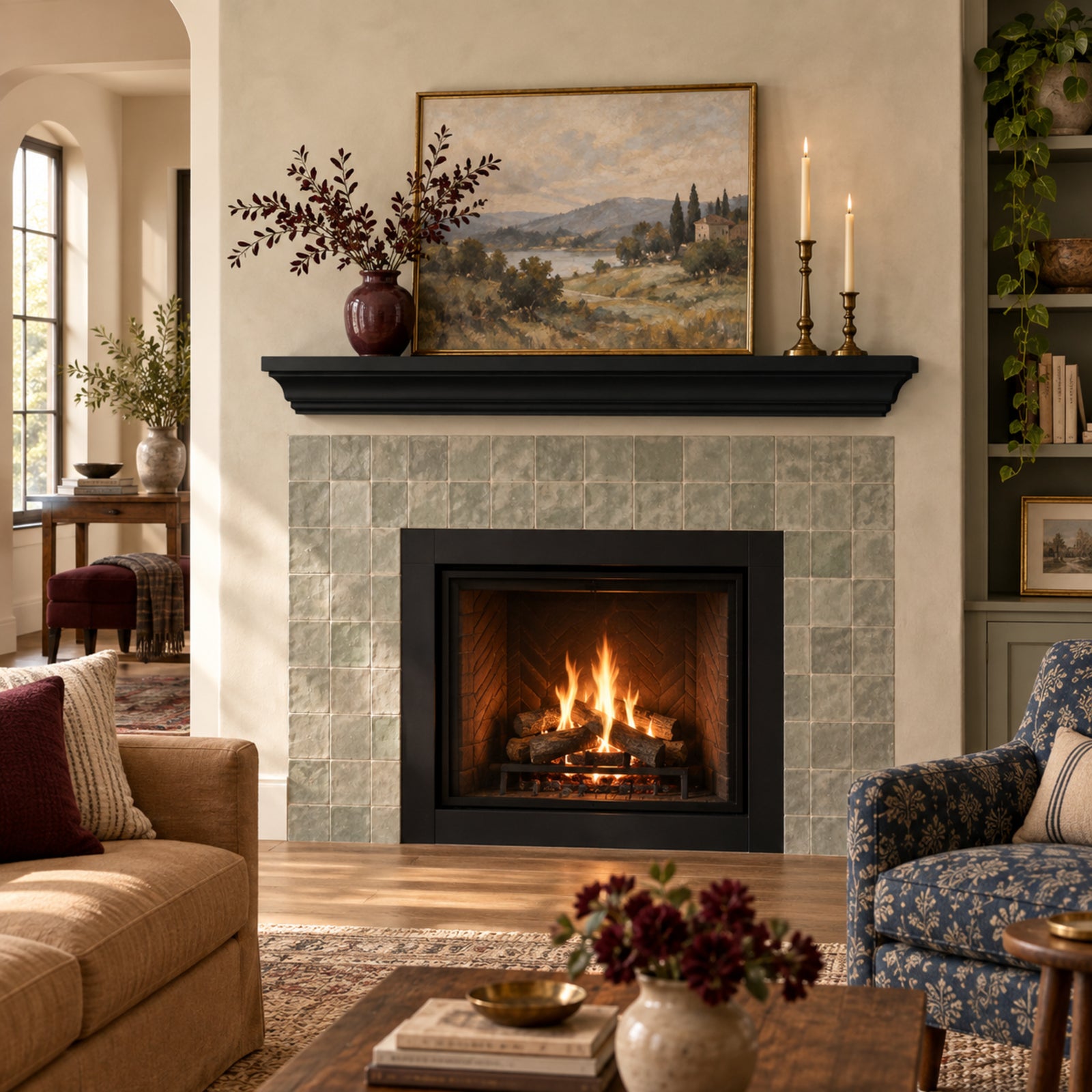 A cozy living room scene centered on a fireplace with a black painted floating crown mantel shelf and a light green tiled surround. A framed landscape painting hangs above the fireplace, with candles, a vase, and a sofa visible in the room.