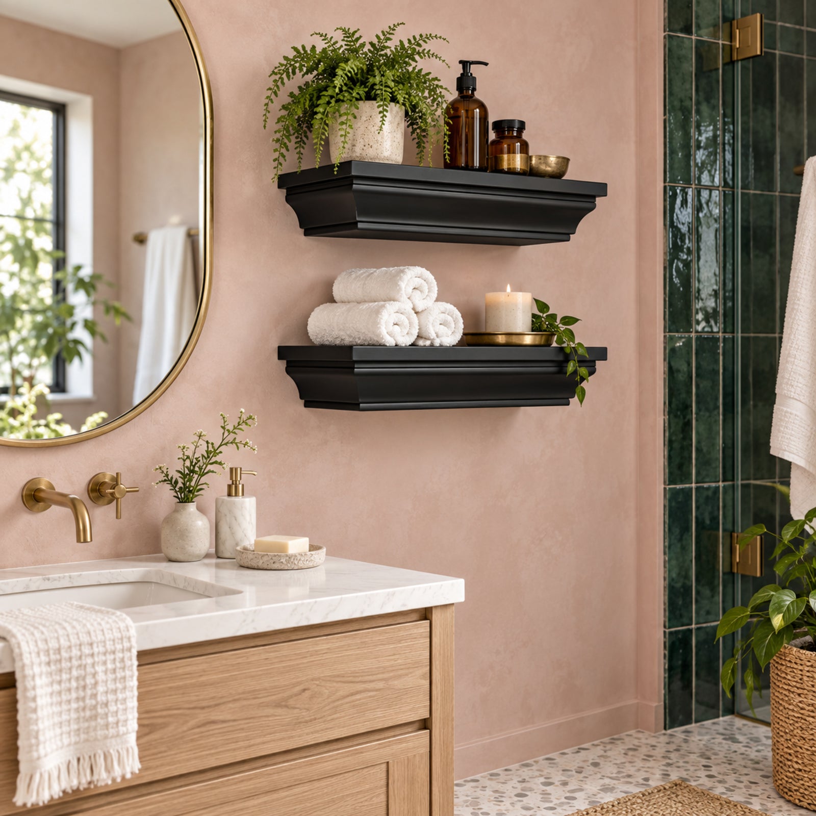 A styled bathroom scene with a wooden vanity, white marble countertop, round gold-framed mirror, two black painted crown mantel floating shelves, green plants, white towels, and a candle against a blush pink wall.