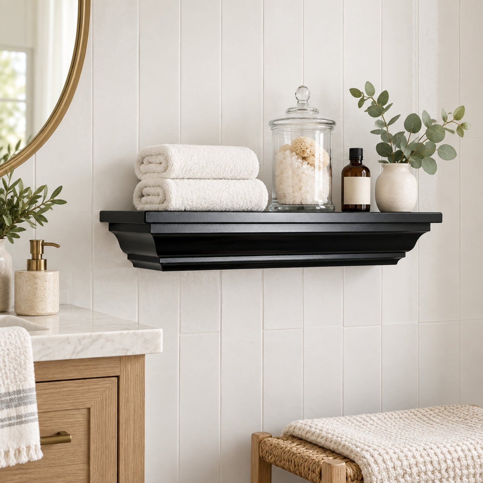 A black floating crown mantel shelf mounted on a white shiplap bathroom wall, styled with folded white towels, a glass jar, a small dark bottle, and a ceramic vase with greenery.