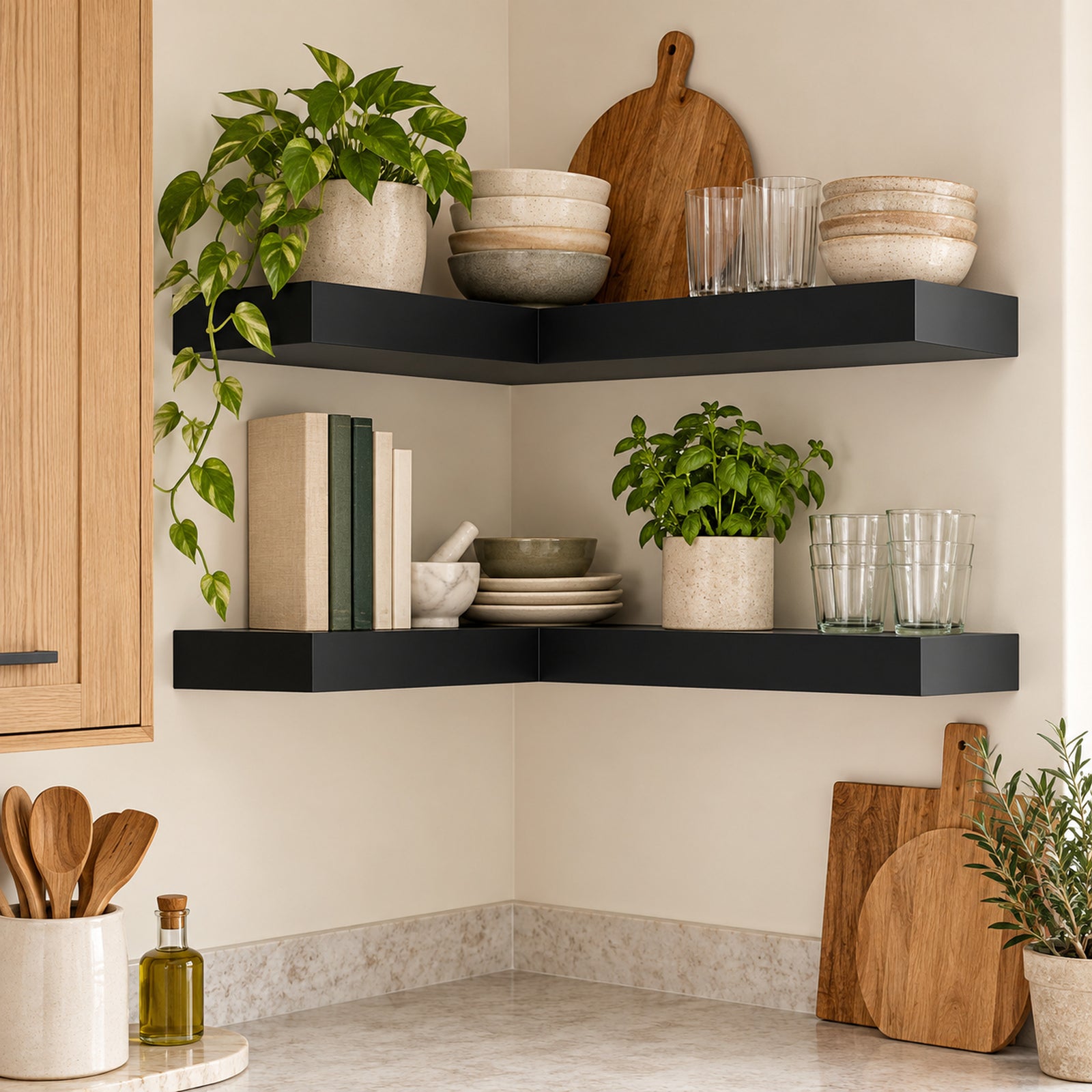 Black floating corner shelves mounted on a beige kitchen wall, styled with potted green plants, stacked ceramic bowls, glass cups, books, and wooden cutting boards and spoons.