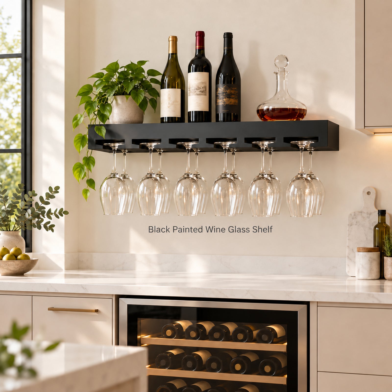A black wall-mounted floating wine glass shelf in a modern kitchen setting, holding several wine bottles and a decanter on top and five clear wine glasses hanging below. The shelf is mounted on a white backsplash wall above a wine cooler.