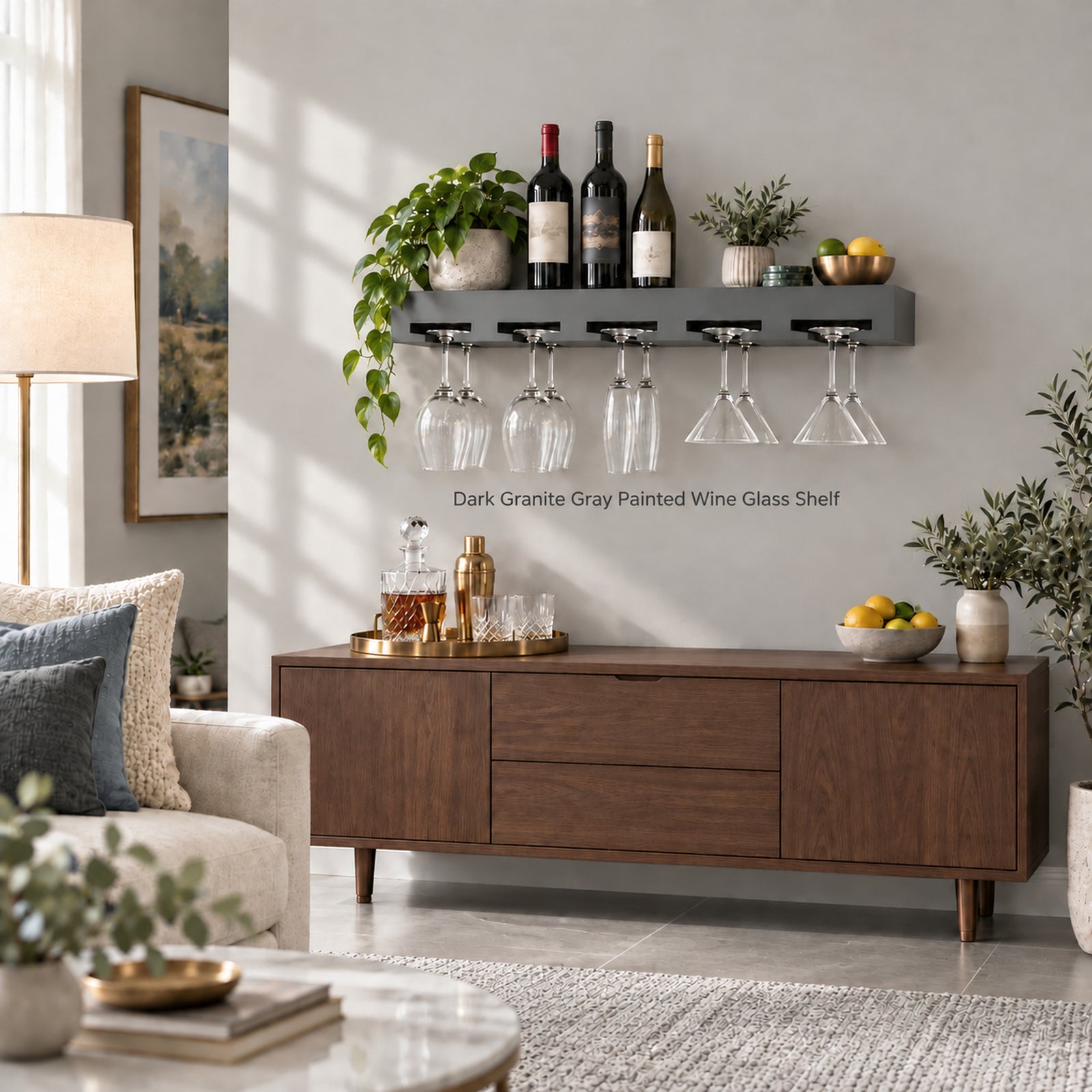 A dark granite gray painted wine glass shelf mounted on a light gray wall above a wooden sideboard, holding several wine bottles and multiple clear stemware glasses. The scene is styled in a modern living room with a sofa, lamp, framed art, and plants.