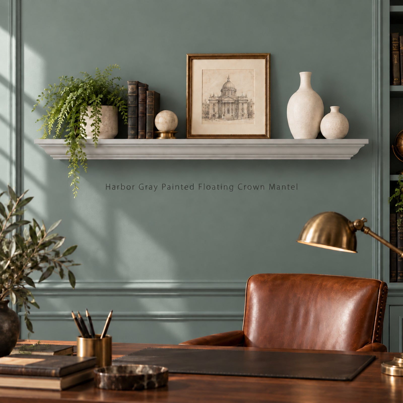 A styled home office scene with a floating crown mantel shelf painted in Harbor Gray, holding a framed print, books, vases, and a green plant. A leather chair, desk, and brass lamp are visible in the foreground against a painted sage-green wall.
