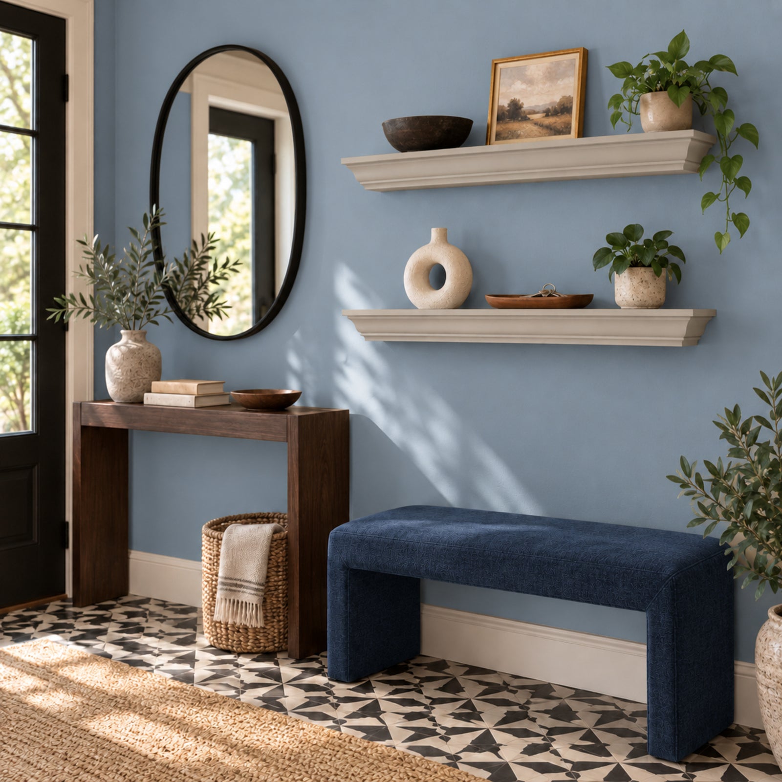A styled entryway corner with a blue wall, two Harbor gray painted floating crown mantel shelves, a dark wood console table, a round black-framed mirror, a navy upholstered bench, patterned tile flooring, and several plants and decorative vases.