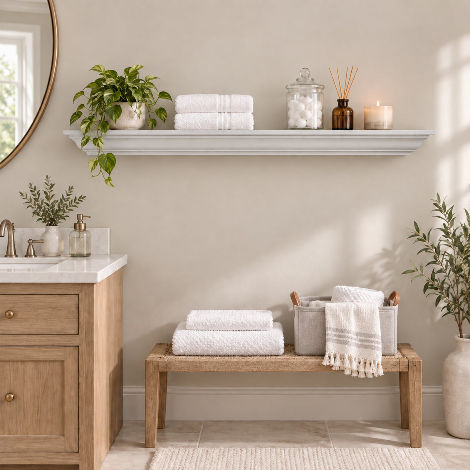 A styled bathroom scene with white folded towels, a harbor gray painted floating crown mantel shelf with decor, a wooden vanity, and a bench holding a folded towel and basket, set against a warm beige wall.