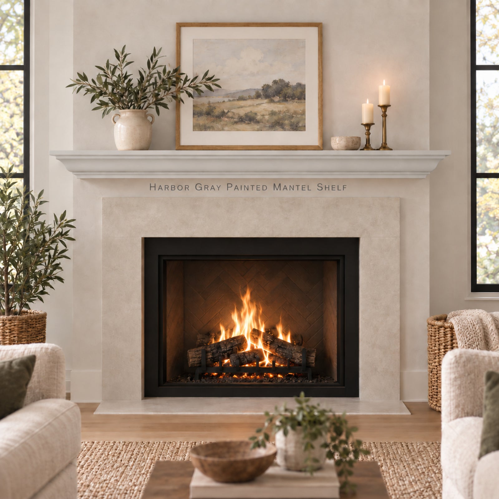 A modern fireplace insert with a black frame and glowing logs, set within a light stone mantel in a styled living room. Decorative plants, candles, and framed art adorn the floating Harbor Gray painted mantel above the fireplace.