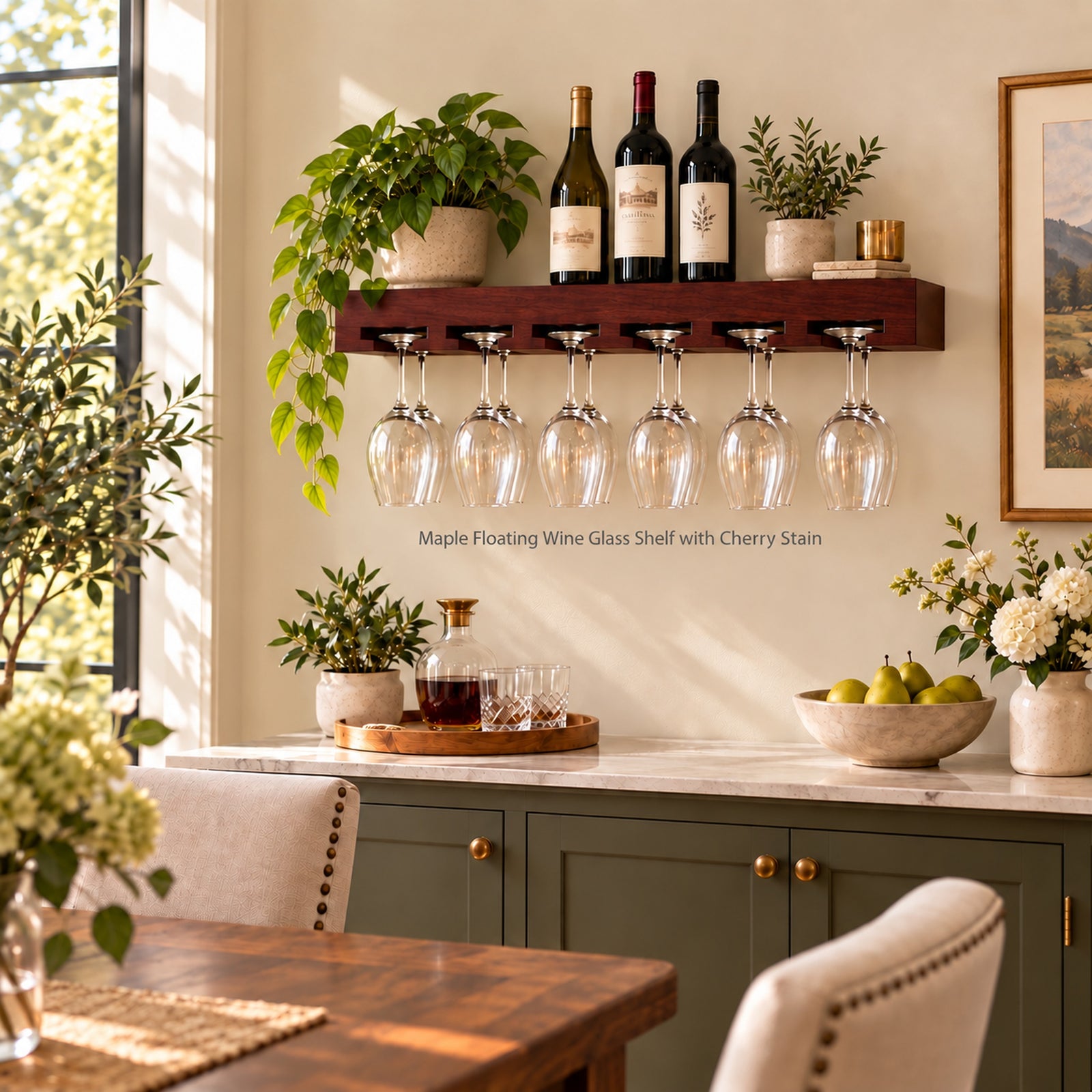 A wall-mounted floating wine glass shelf with a cherry-stained wood, shown in a styled home bar setting. The shelf holds three wine bottles and several hanging clear wine glasses.
