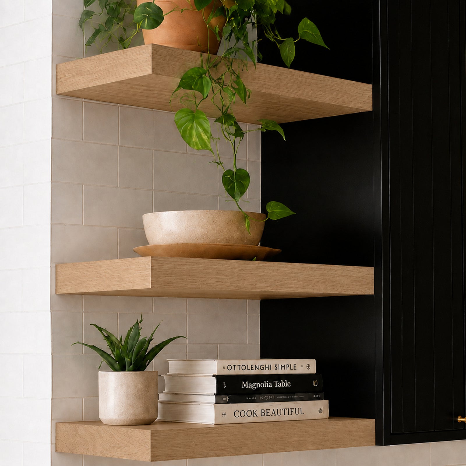 Close-up of White Oak corner floating shelves showing natural grain and stain finish
