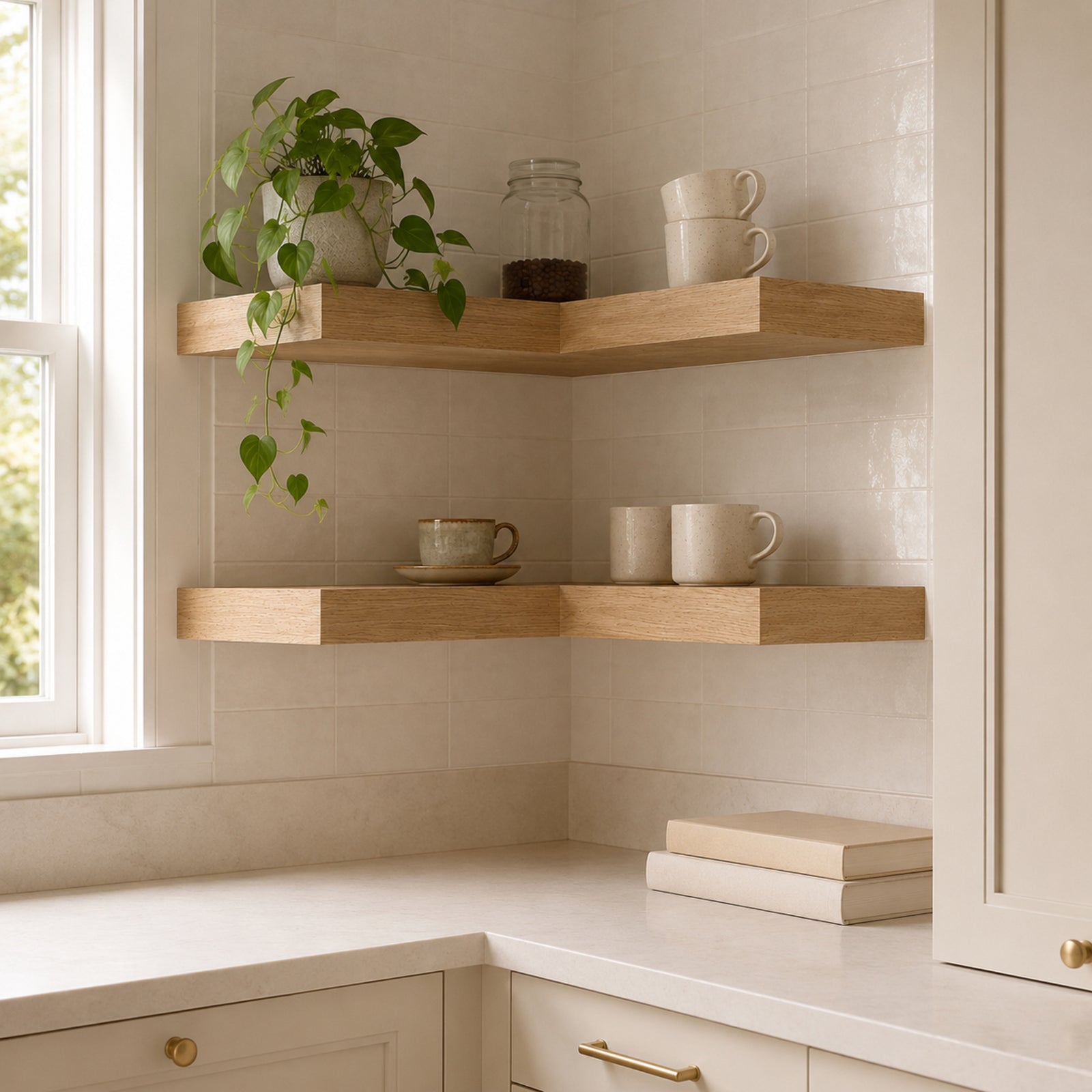 Custom 2-inch White Oak corner floating shelves in a modern organic nook