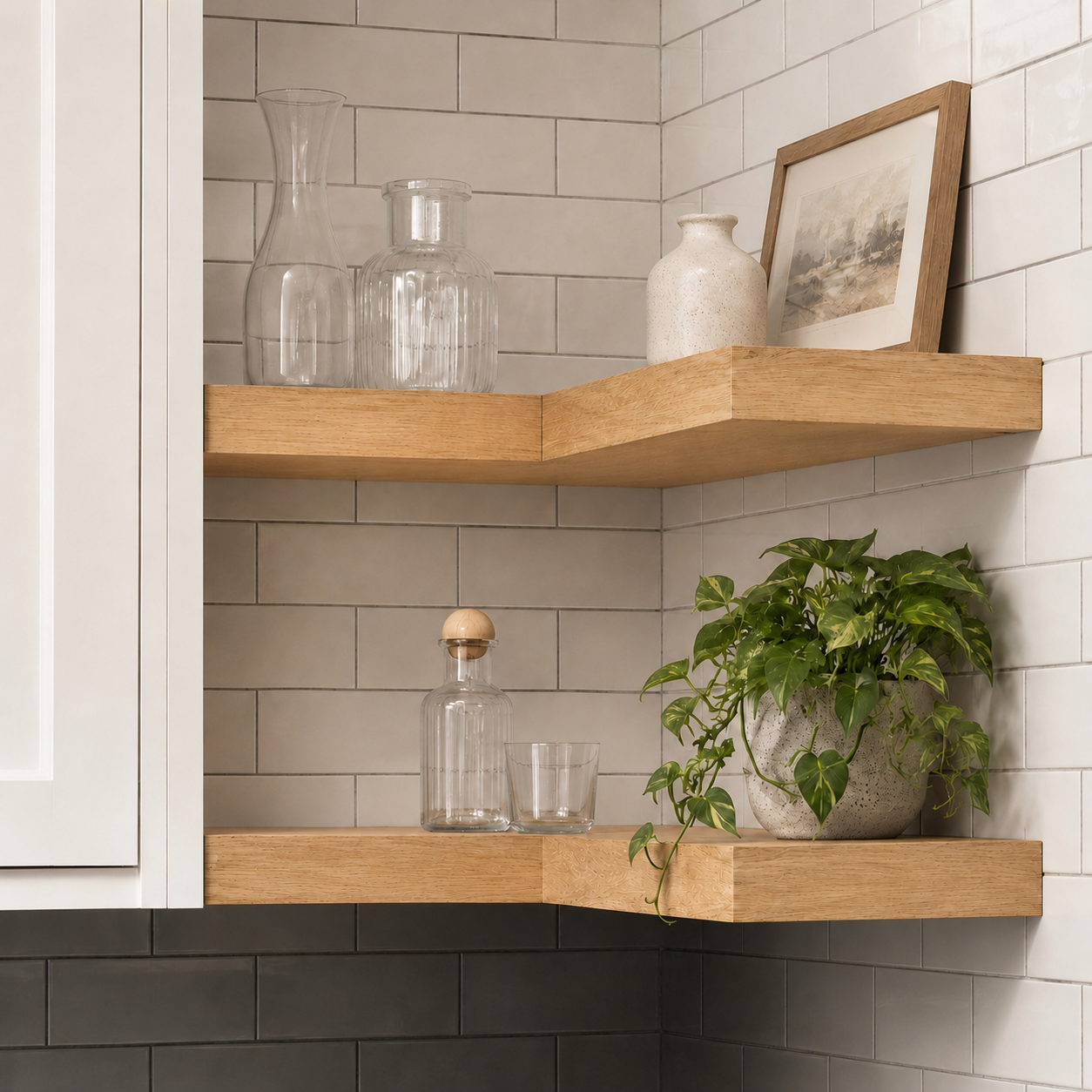 Two natural oak floating corner shelves mounted on a white subway tile wall in a kitchen corner, styled with glass carafes, a white ceramic vase, a framed print, a glass bottle, a small glass, and a green potted plant.