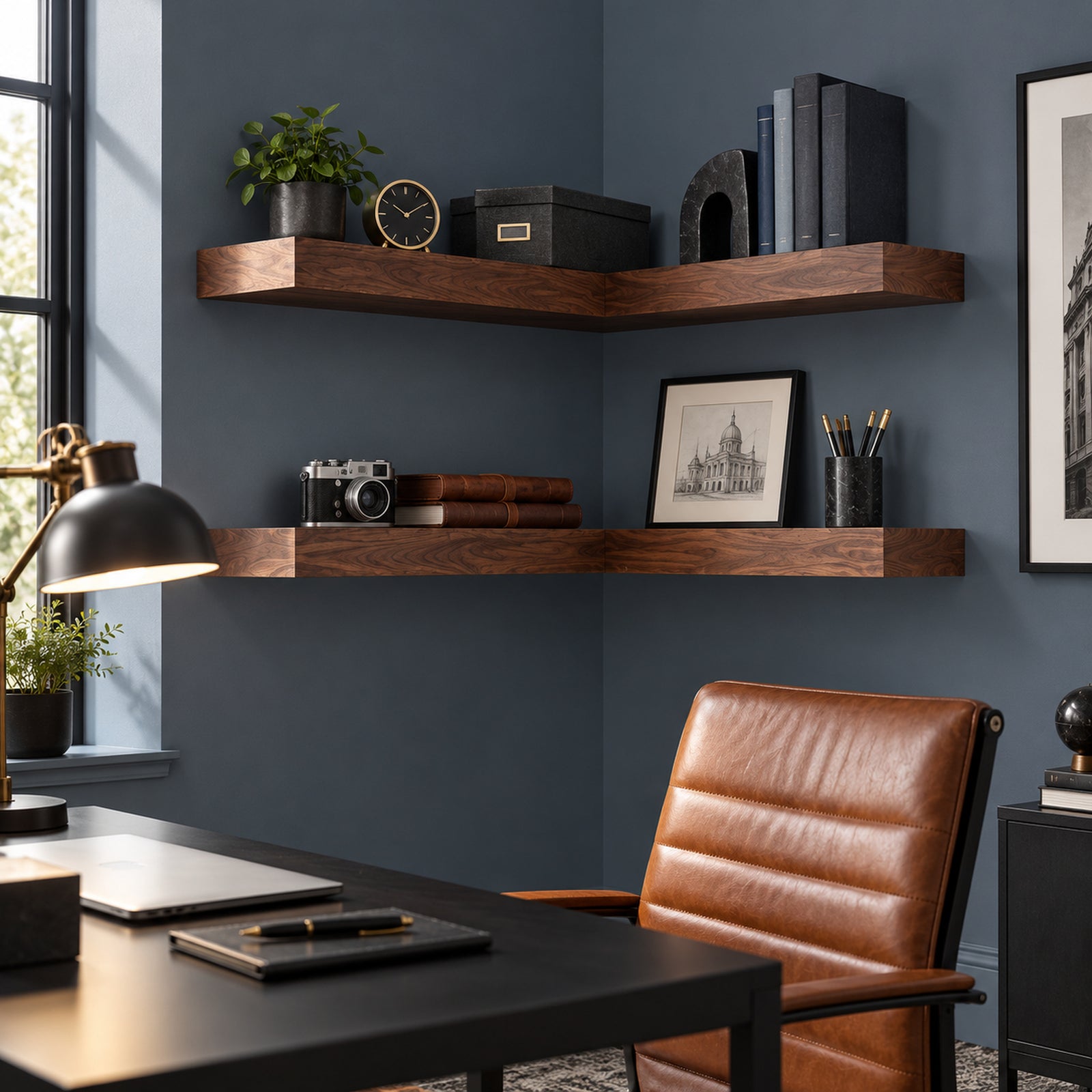 A styled home office corner with dark wood floating corner shelves mounted on a slate blue-gray wall. The shelves are styled with books, a small plant, a vintage camera, a black storage box, a desk lamp, and framed art.