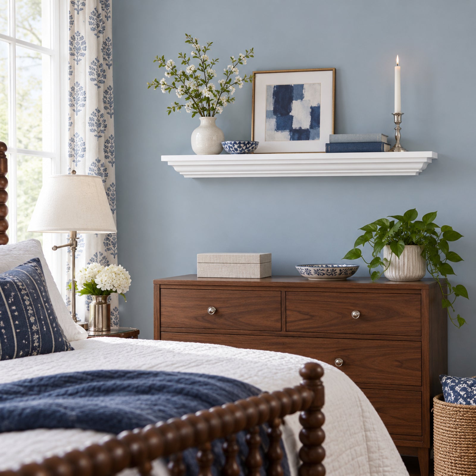 A styled bedroom scene featuring a dark brown wooden dresser against a light blue wall, decorated with a floating white painted crown mantel shelf, books, a vase of greenery, and a potted plant. The foreground shows the corner of a bed with white bedding and a navy blue throw blanket.