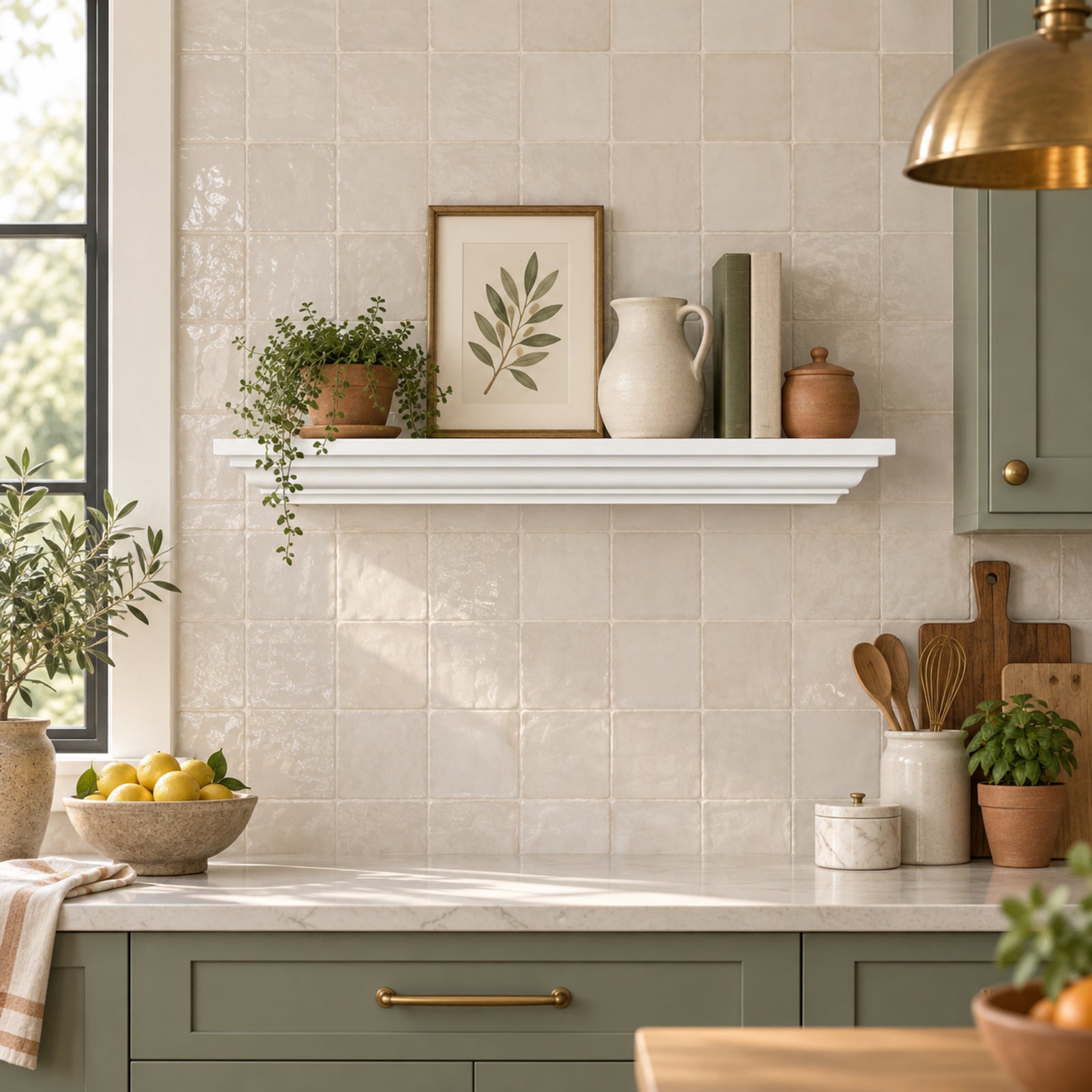 A styled kitchen interior with a white floating crown mantel shelf holding a framed botanical print, a cream pitcher, books, and small plants, set against a beige tiled backsplash and sage green cabinets.