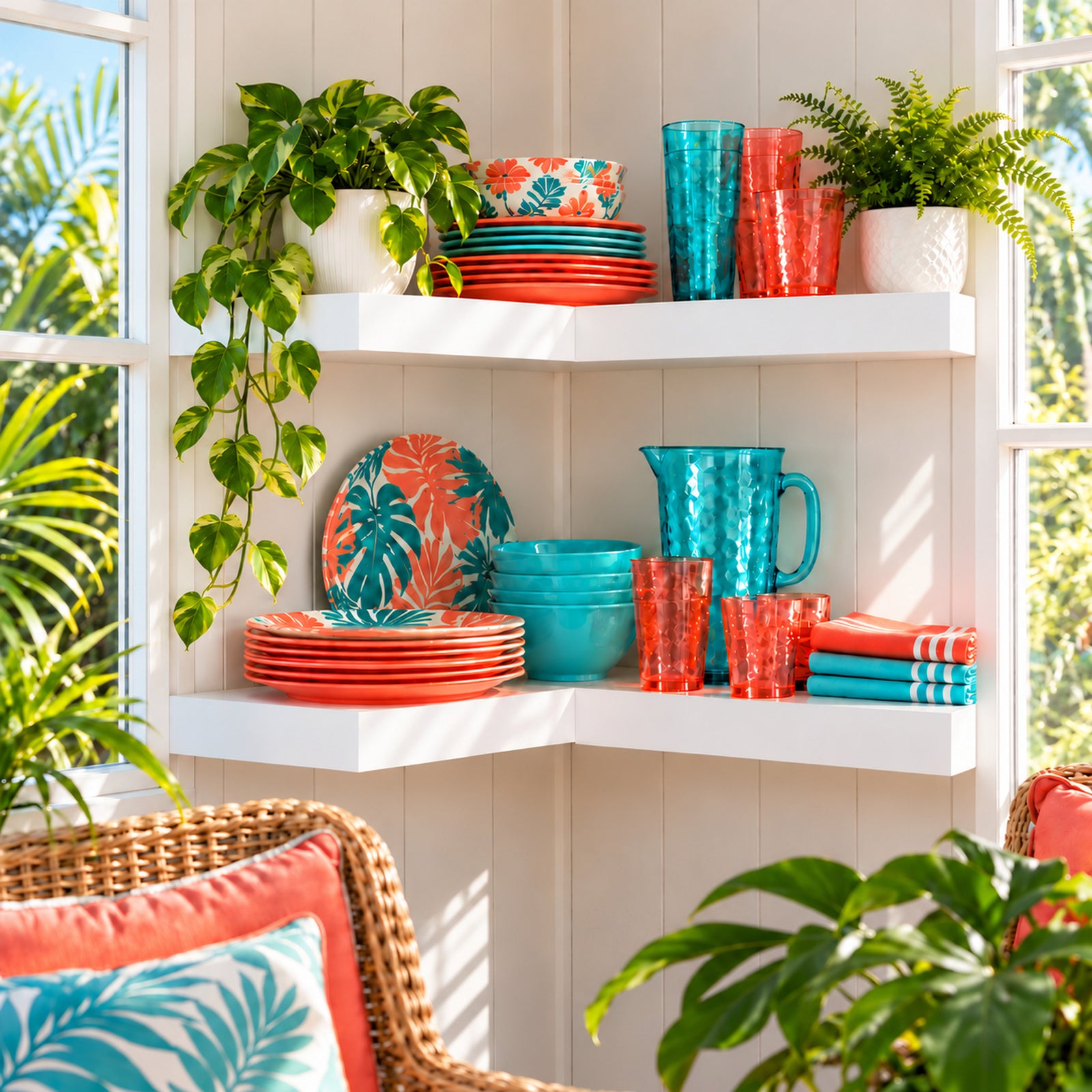 A set of tropical-themed party tableware, including plates, bowls, cups, and a pitcher, styled on white corner shelves next to potted plants and a wicker chair with colorful cushions in a bright sunroom.
