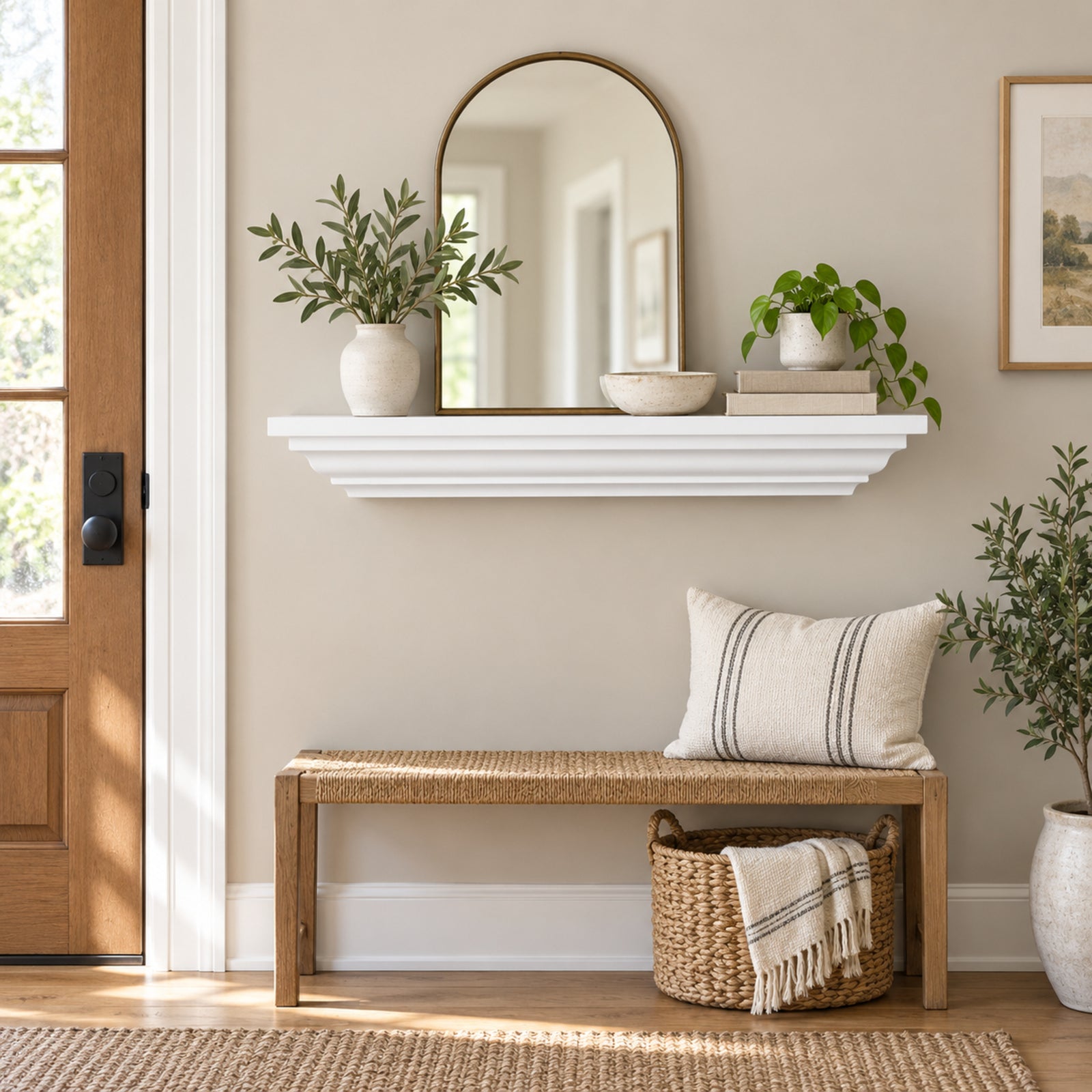 A styled entryway scene with a white floating mantel shelf holding a gold-framed mirror, potted greenery, and a small bowl, above a woven bench with a striped throw pillow and basket.