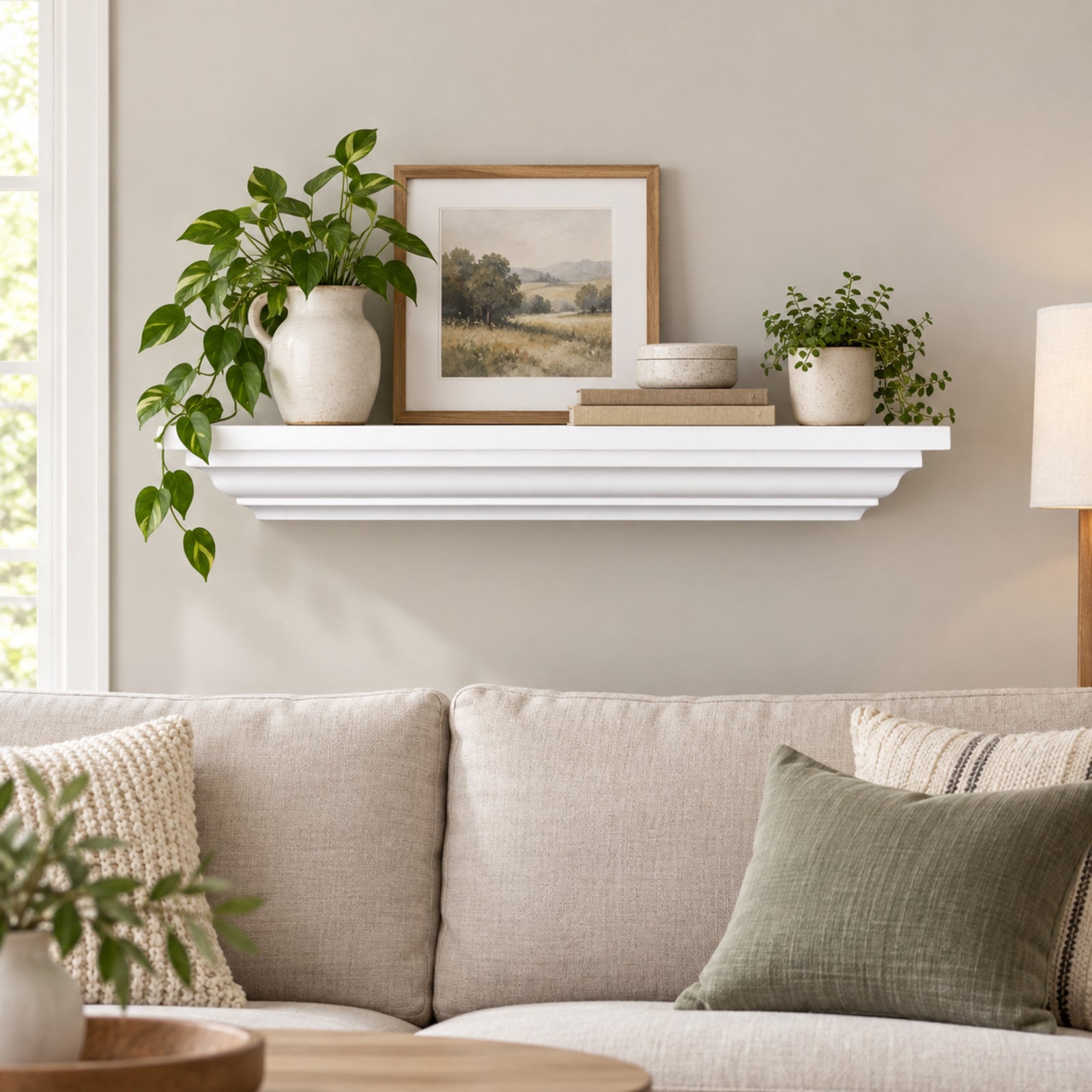 A white floating crown mantel shelf in a styled living room setting, holding a framed landscape print, books, and potted green plants. Below the shelf is a light beige fabric sofa with decorative pillows.