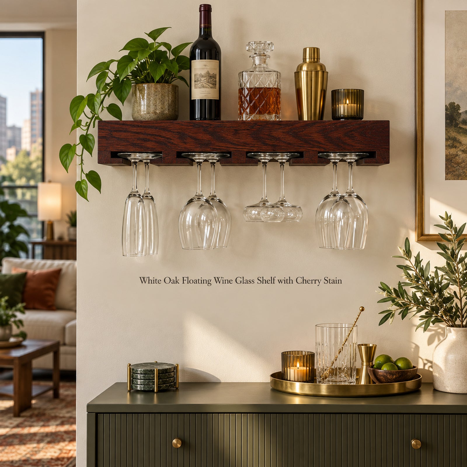A floating wine glass holder shelf made of dark wood with eight hanging glasses, styled in a modern living room setting above a console table.