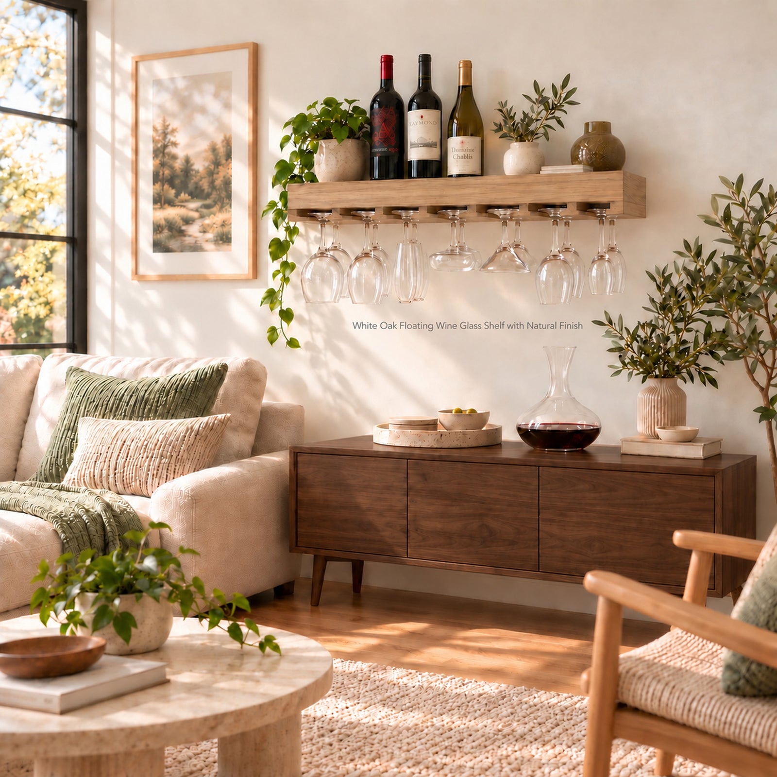 A floating wooden wine glass shelf mounted on a wall in a styled living room, holding several wine bottles, potted plants, and multiple clear glasses hanging from the shelf. The room includes a beige sofa, wood furniture, plants, and natural light from a window.