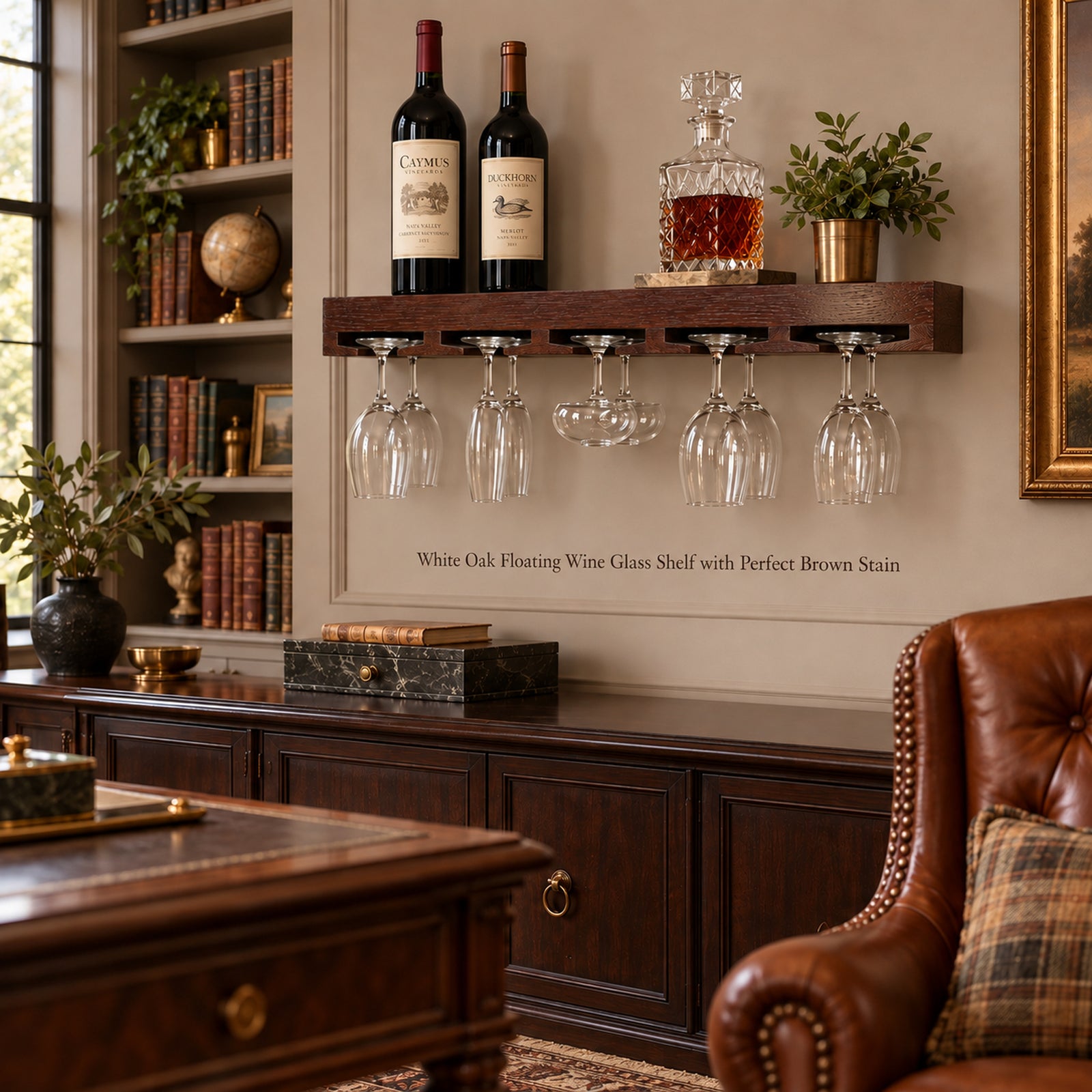 A wall-mounted floating wine glass shelf in a warm brown finish, shown installed in a styled library. The shelf holds two wine bottles and a decanter above ten wine glasses and stemware, with a leather armchair and bookshelves visible in the room.