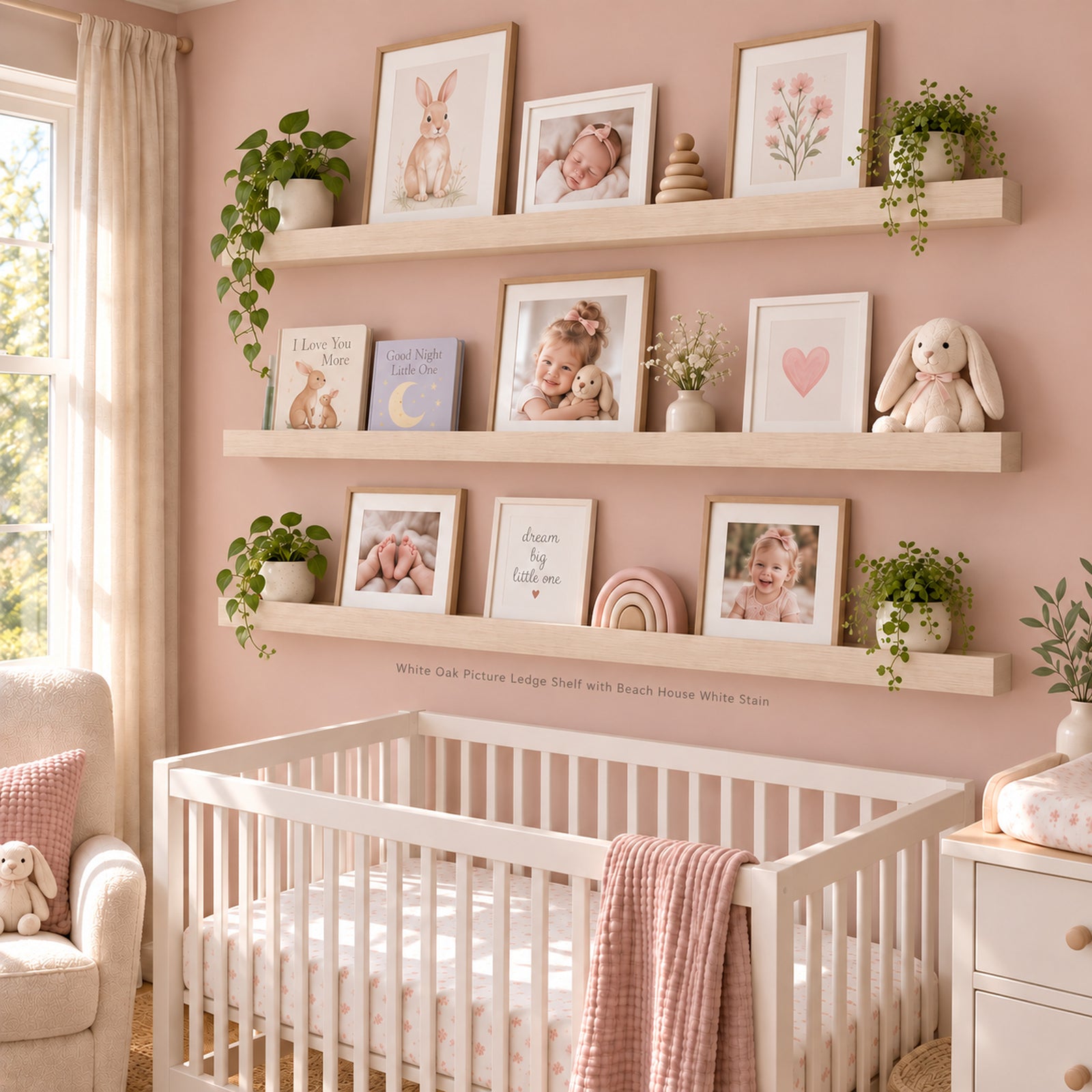 A styled nursery interior with a white crib in the foreground, blush pink walls, three floating ledge shelves, framed baby photos, small potted plants, books, a stuffed bunny, and a window on the left.